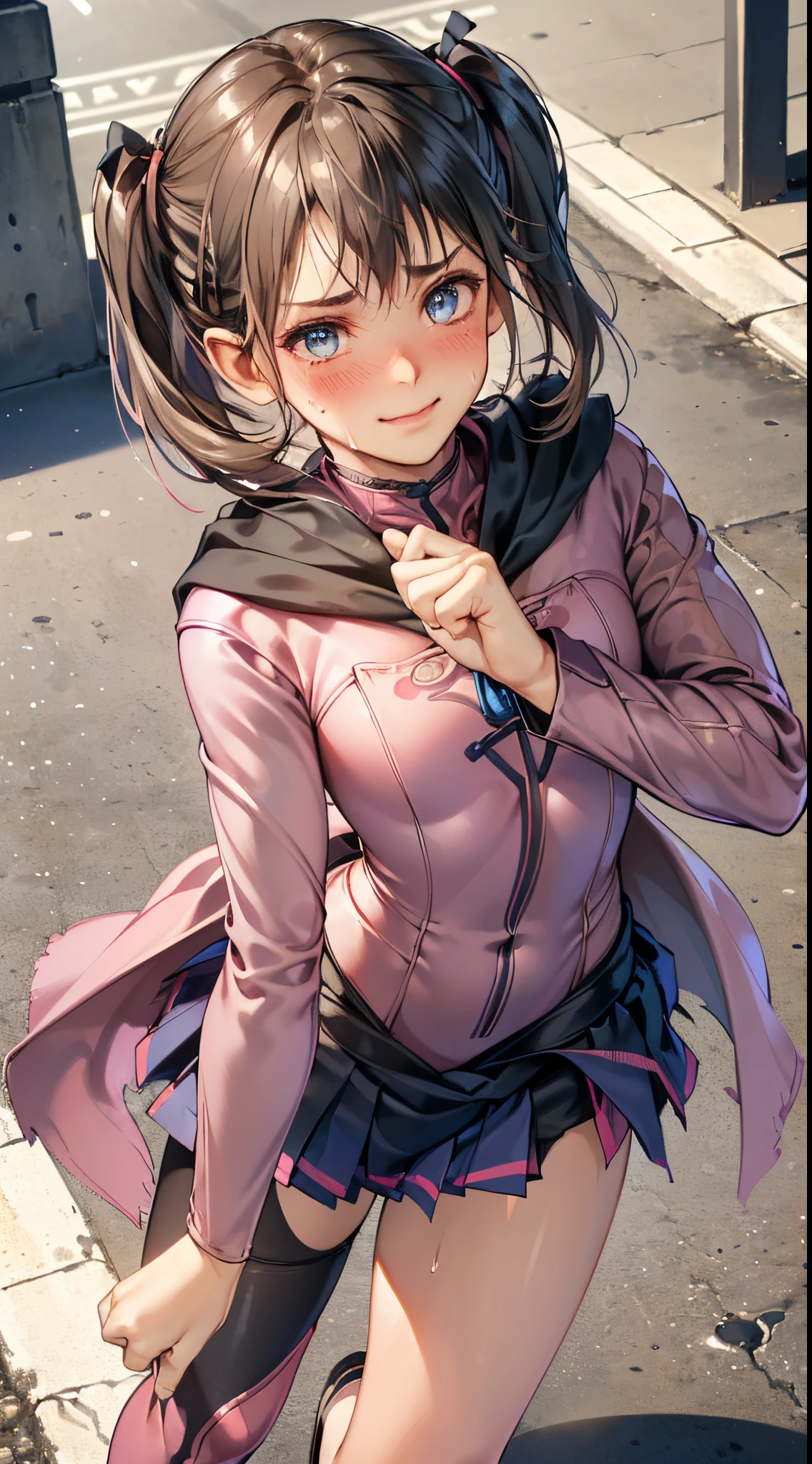 One lady,12year old,(() ,(((blushed face))), (()), (())((I'm opening my mouth)),((micro skirt, bodysuit and short cloak))(A smile),Wet with sweat,(A dark-haired,),((Street,natta))((Clothes are torn))
