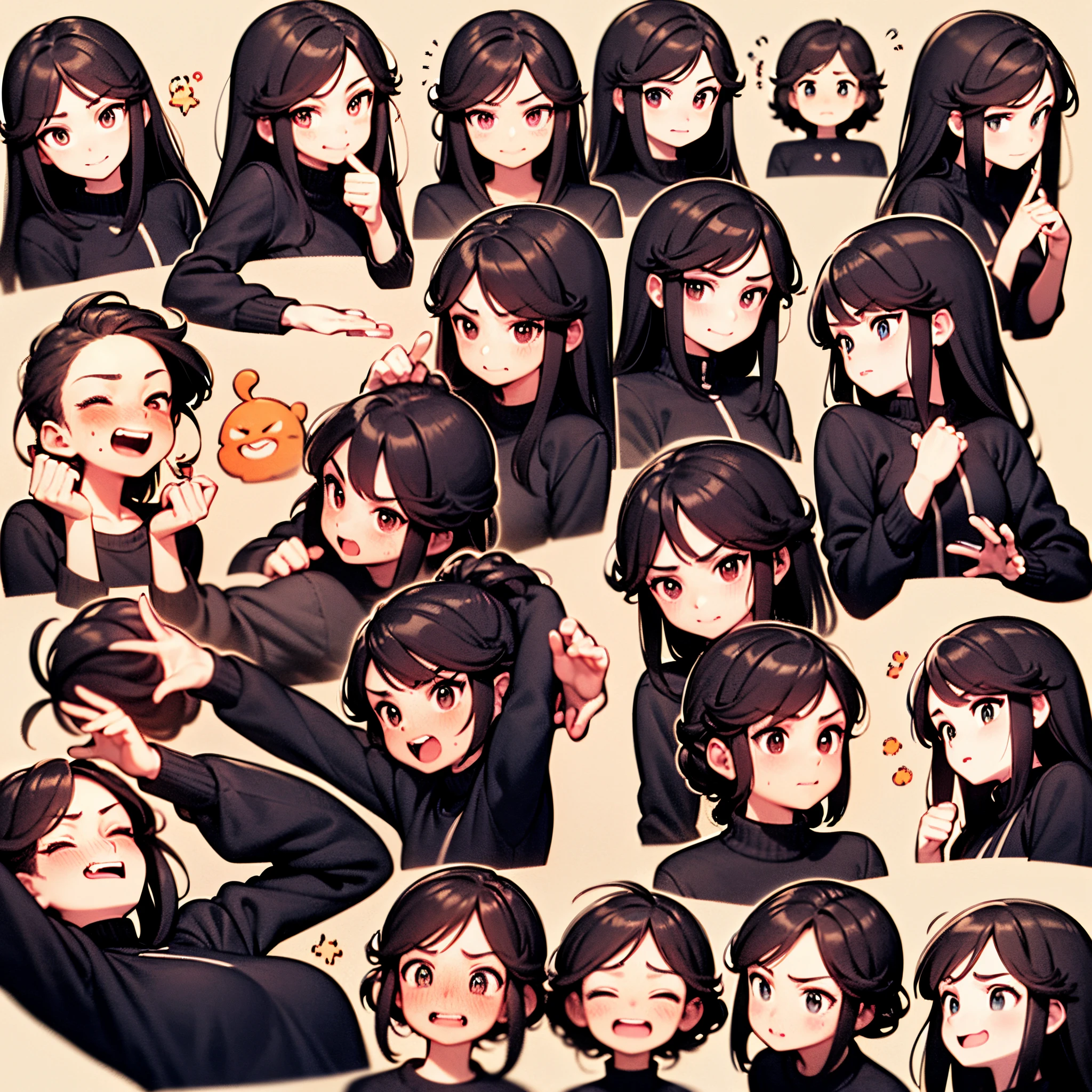 Cute girl avatar，Emoticon pack，(9 emojis，emoji sheet of，Align arrangement)，9 poses and expressions（grieves，amaze，having fun，agitated，Giggle smile，smell the rat，Angry，Touch your head，Sell moe, waiting），anthropomorphic styles，Disney  style，Black strokes，various emotions，9 poses and expressions，8K