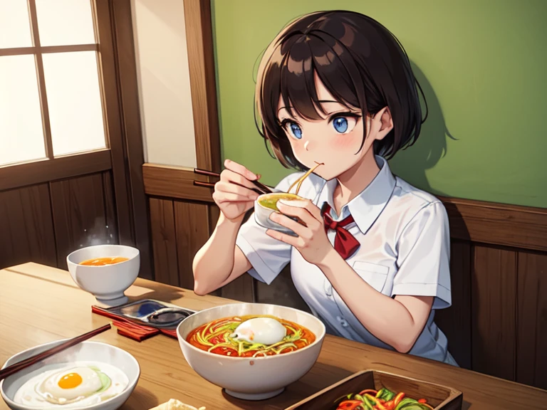 Delicious and tempting spicy noodles, 1 girl, brown short hair, blue eyes, wear school uniform, eating, Plenty of fresh vegetables, The poached egg aroma is overflowing, Brown conch is delicious and tasty, The taste of pepper is very strong, Yellow bamboo shoots are crispy, tender and delicious, The fungus has a delicate taste, Tofu brain has a good aftertaste, The noodles picked up with chopsticks are fragrant, best quality, Masterpiece, sunny day