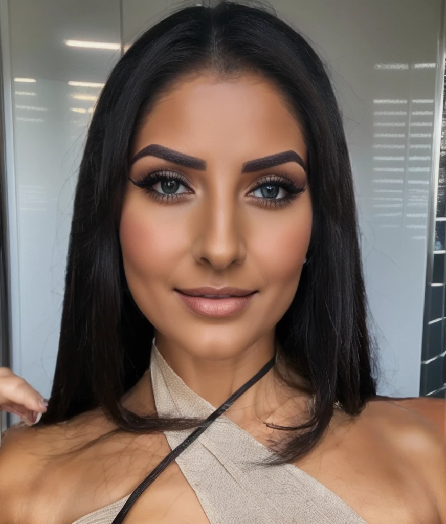 Craft a hyper-realistic portrait of a woman with a harmonious blend of the most enchanting facial features. Her hair is a luxurious, deep black cascade, smooth and radiant, falling around her shoulders. Her eyes are a mesmerizing, vivid blue, large and almond-shaped, conveying depth and allure. Her eyebrows are finely sculpted, framing her eyes with precision. Her nose is delicate, perfectly proportioned to her face, and her lips are full and plush, with a natural rose shade, exuding femininity and grace. Her skin glows with a golden undertone, flawless and smooth, a testament to perfect beauty. The image should capture an ethereal balance, each feature borrowing from the best of the images provided to create a visage of unparalleled beauty that transcends time and place, representing the pinnacle of womanly allure."