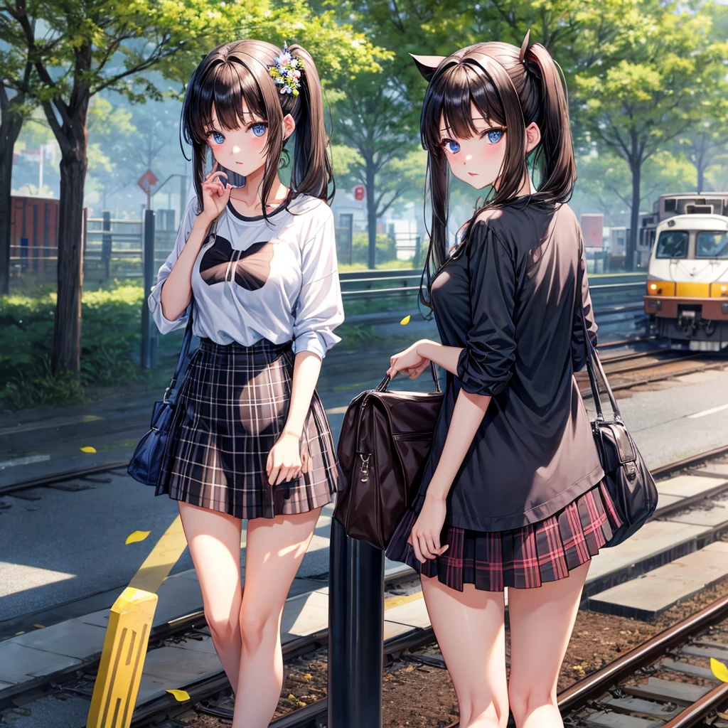 Black brown hair、blue eyess、one good looking girl、独奏、animesque、lightly dressed、Plaid miniskirt、flower petals、wetting hair、Black T-shirt、large tree、云、railroad crossing、poneyTail