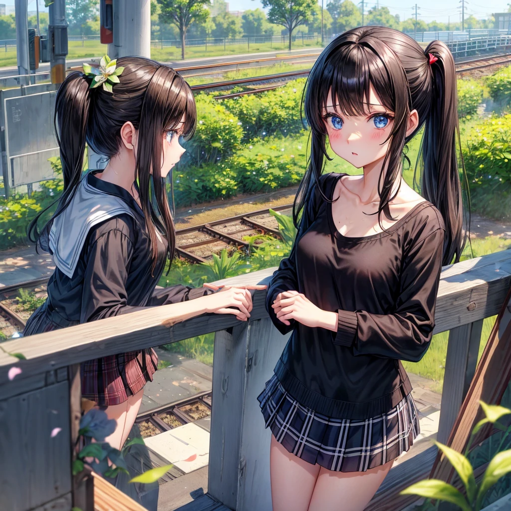 Black brown hair、blue eyess、one good looking girl、独奏、animesque、lightly dressed、Plaid miniskirt、flower petals、wetting hair、Black T-shirt、large tree、云、railroad crossing、poneyTail