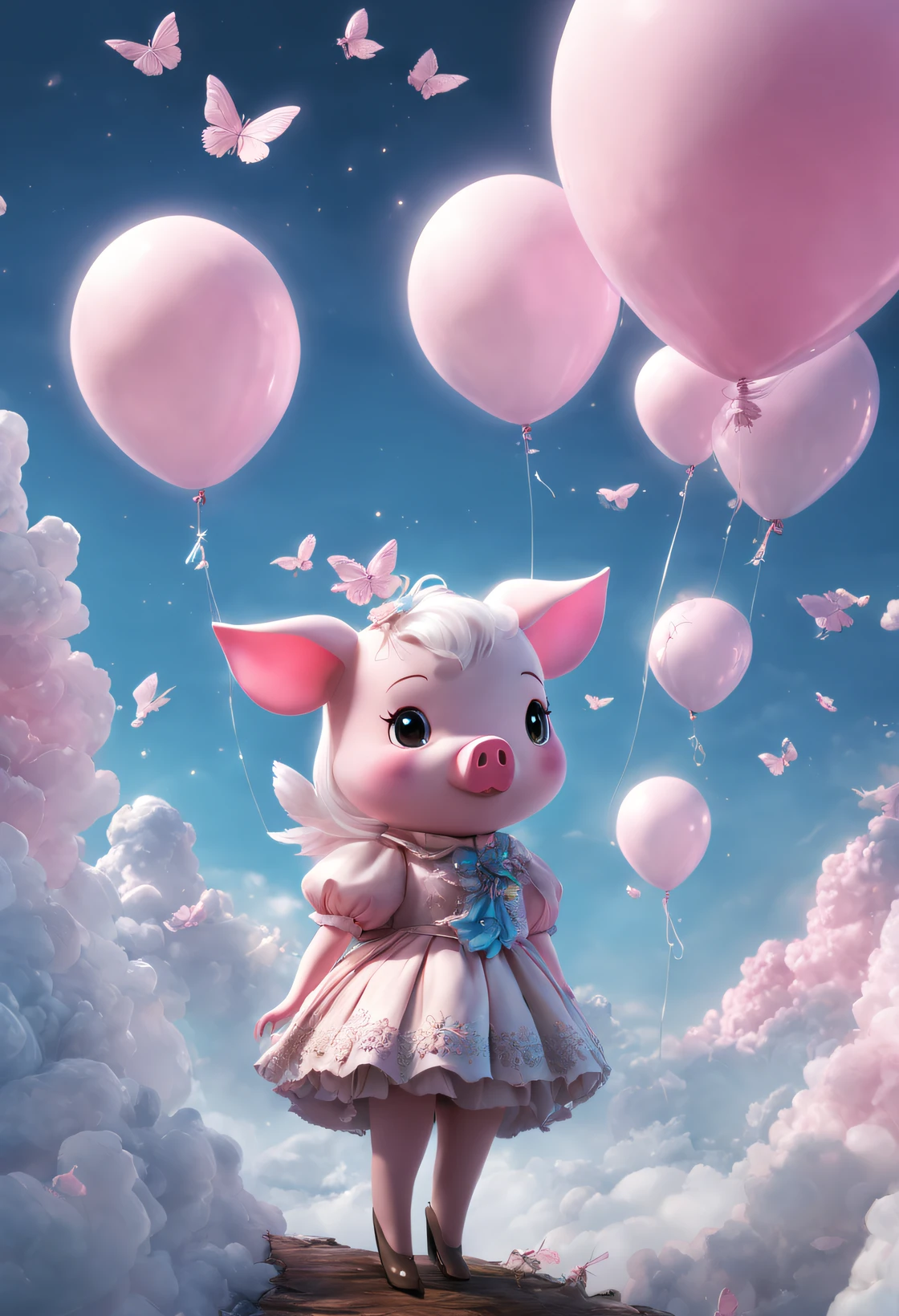 rococo pink, Light silver and brown, (Very unified cg scene design）, (character  design）， (Glossy pink and blue McDoll pig balloons floating in the clouds），pink and blue，birds in flight，starlights，rosette，butterflys，like a dream，4k detail，Dramatic light and shadow，like a dream，Millennium Aesthetics, eddy, rainbowing/Milky white W, Beautiful lighting and twisted emotional graphics.，3 Rendering，c4d，Fantasyart，mirai，Cartoonish，