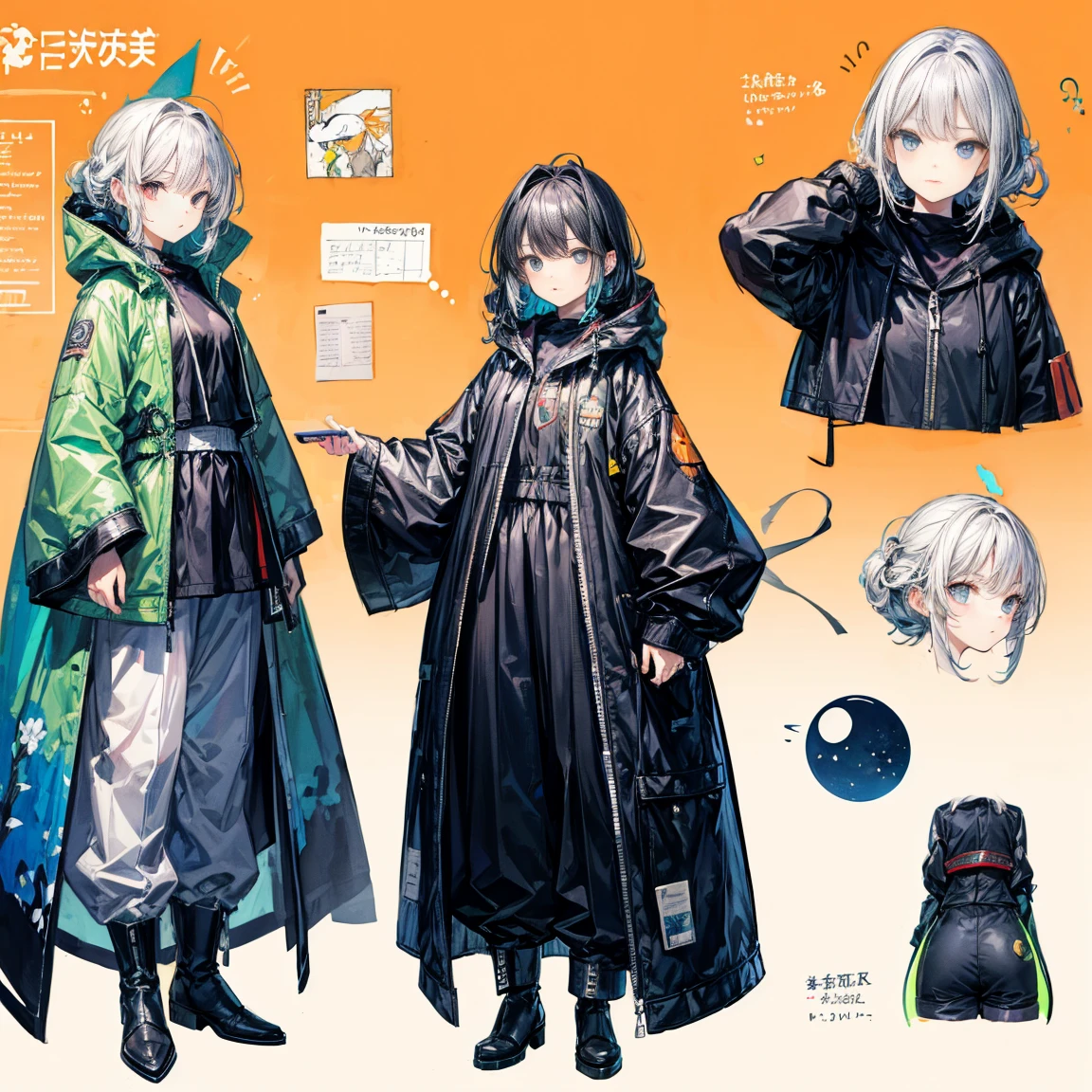petite girl, robot horse,Type sheet, Character Sheets, Three types,Shot Full Body,Game Character Design,than a little flying moon,Victorizo ∨TSE∨,Orange background, Stylistic expression, inspired by Alphonse Mucha, A lot of style, flat shading flies, Abstract art, neon colors, baggy clothes, ,windproof boots,baggy trousers, official arts, Line chart sketch, symbol-shaped pupils,luna. bouquet, Separating elements), watercolour,illustartion,Realistic,Harmonious colours,natural lighting, vine、cowboy shot, , Sleeves, Trimmed with ribbons,Detailed Face