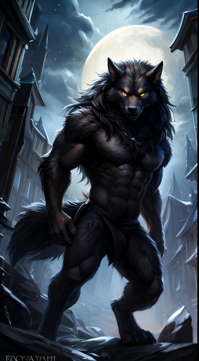 Werewolf male, full body covered in fluffy fur, , big muscular chest, volumetric abs, day, sensual, detailed, uploaded to e621, beautiful and detailed portrait of an anthropomorphic black werewolf (((male))) kenket, ross tran, ruan jia, uploaded to e621, zaush, foxovh, movie lighting, moon lights, glowing eyes, black fur, long dark mane of hair