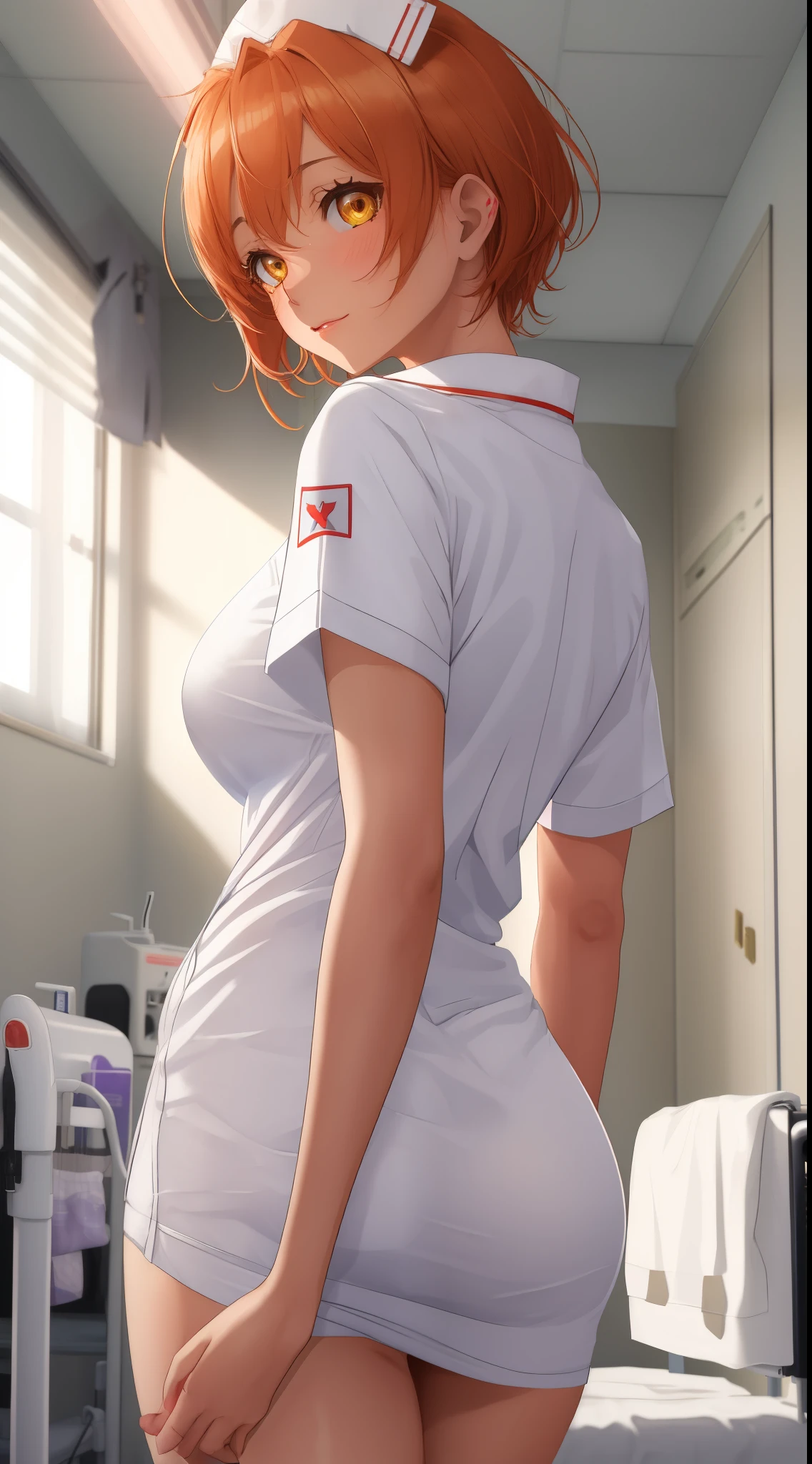 Masterpiece, sksrin, beautiful urban female model, in hospital room,facial details, detailed body part details, 8k wallpaper,  looking at viewer, hospital, Hoshizora rin, short hair, nurse custom, thighs, golden ,glowing eyes, cowboy shot, sexy,bent over, from behind