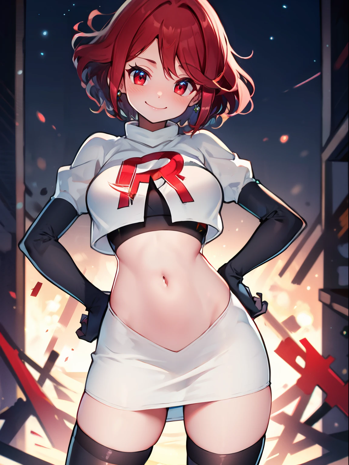 pyra, team rocket uniform, red letter R, white skirt,white crop top,black thigh-high boots, black elbow gloves, red letter R on crop top, smile, looking at viewer, cowboy shot, hands on hips, night sky background