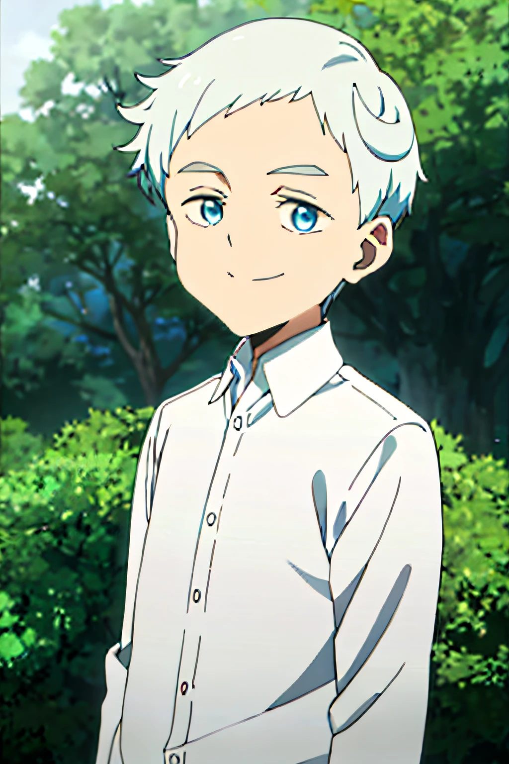 Norman, Neverland, 1boy, Solo, Upper body, Nature, Looking at Viewer, Short hair, Blue eyes, Shirt, Smiling, White shirt, White hair, Grey Hair, Male Focus, Outdoors, Collared shirt, Anime coloring,
