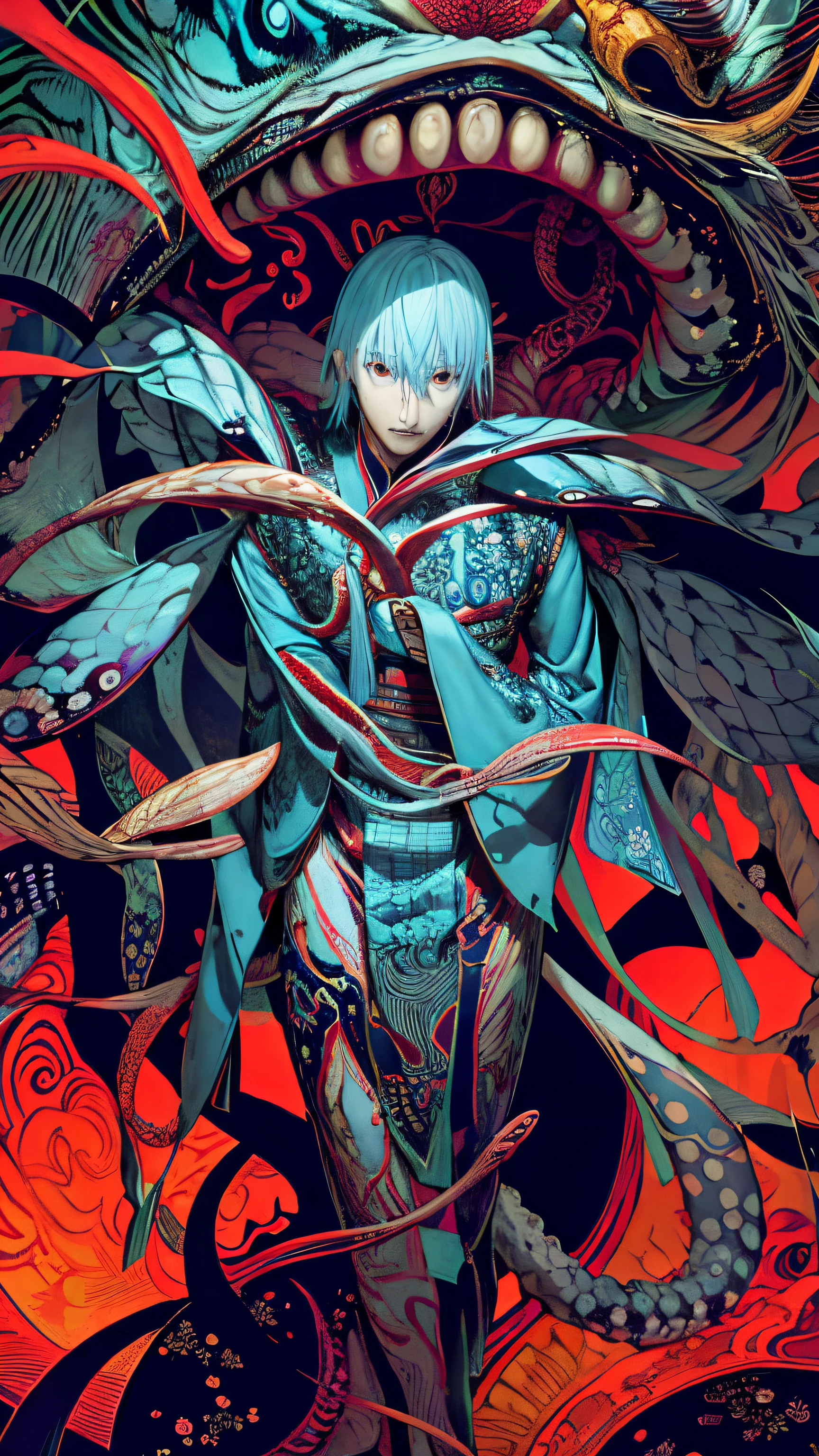 a close up of a poster with a man wearing vietnamese traditional outfit, psychedelic manga, tsutomu nihei art, clean detailed, detailed artwork, fine detail tentacles, cover,