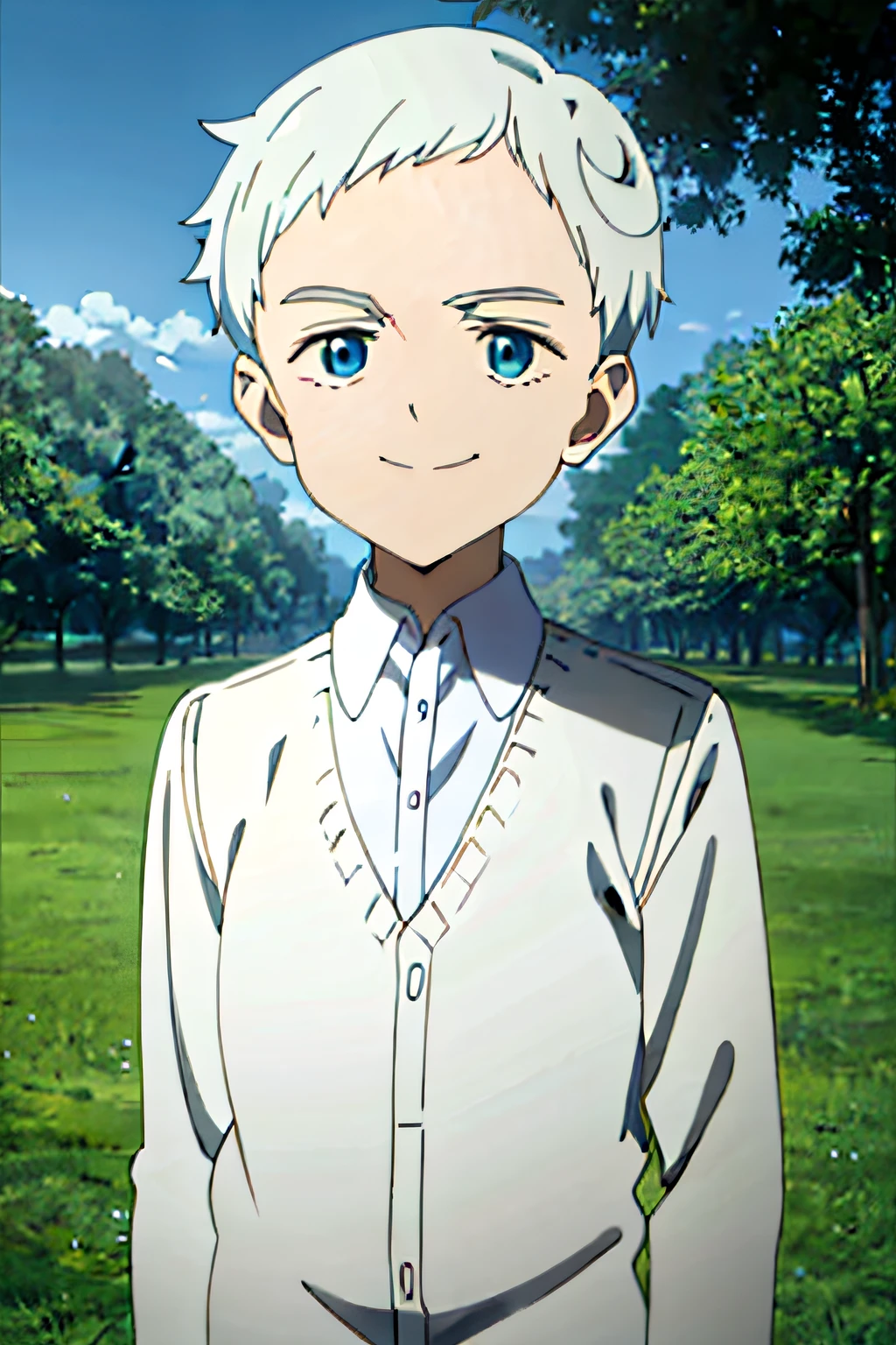 Norman, Neverland, 1boy, Solo, Upper body, Nature, Looking at Viewer, Short hair, Blue eyes, Shirt, Smiling, White shirt, White hair, Grey Hair, Male Focus, Outdoors, Collared shirt, Anime coloring,