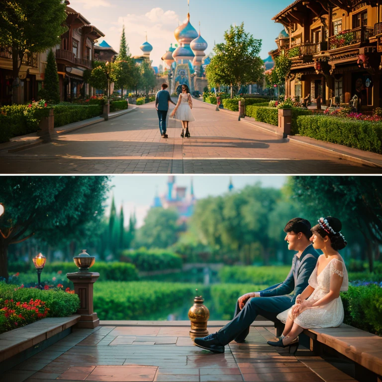 Two shots of a couple in a Disney Pixar style park