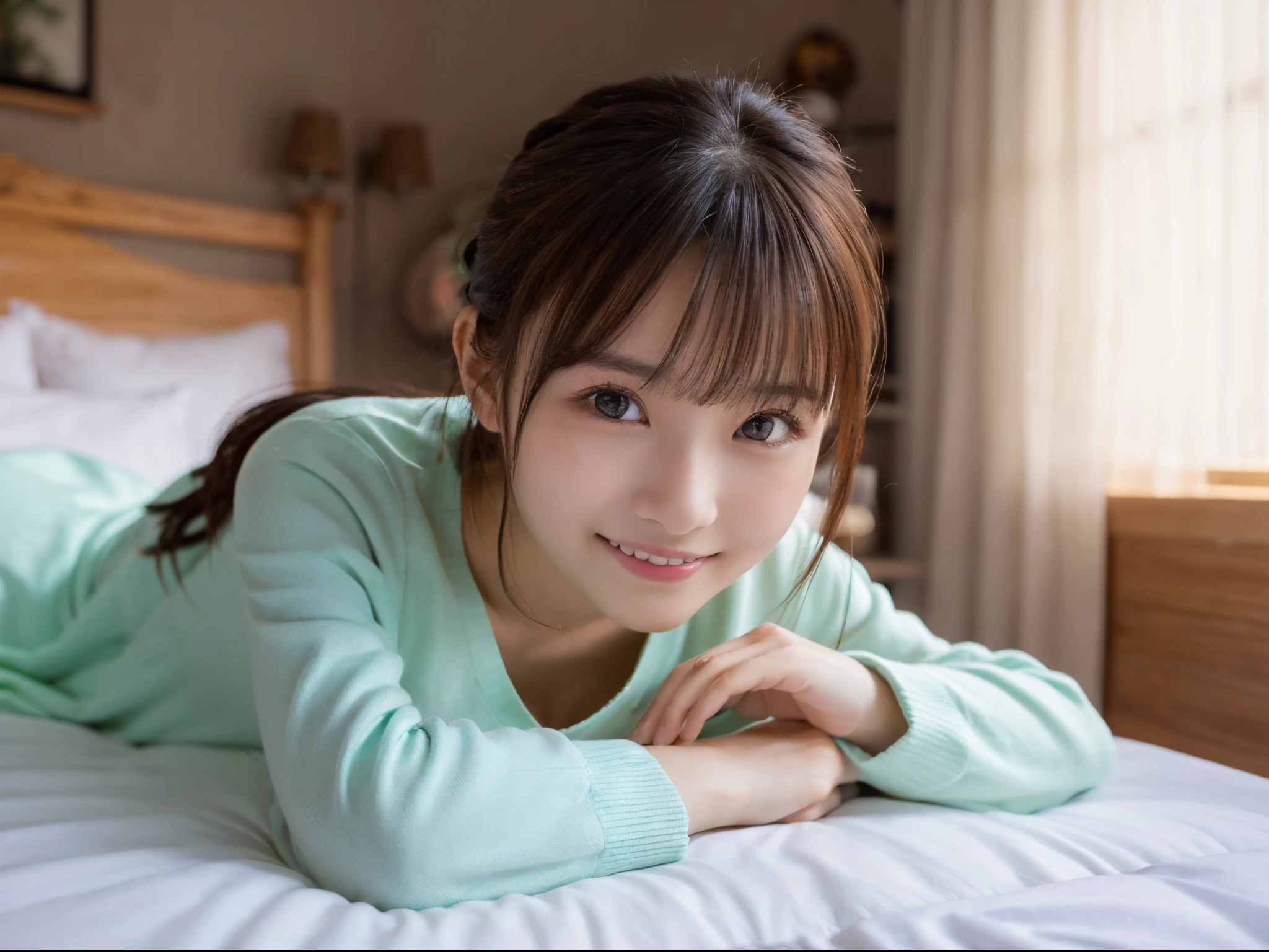 ulzzang -6500-v1.1, (Raw photo:1.2), (Photorealsitic), a beautiful detailed girl, (Real: 1.4), extremely detailed eye and face, beatiful detailed eyes, ((Cute pajamas、lie down in the room))、game_nffsw, huge filesize, hight resolution, ighly detailed, top-quality, [​masterpiece:1.6], illustratio, ighly detailed, nffsw, finely detail, top-quality, 8k wallpaper, Cinematographic lighting, 1girl in, 17 age, perfect body type, Cute drooping eyes、Beautiful big eyes、Pieckfinger, ((masutepiece)), Best Quality, 1girl in, eye shadow,  Portrait, ((FULL BODYSHOT:1.4))、(Very affectionate smile:1.2)、realistic skin textures、shinny skin、