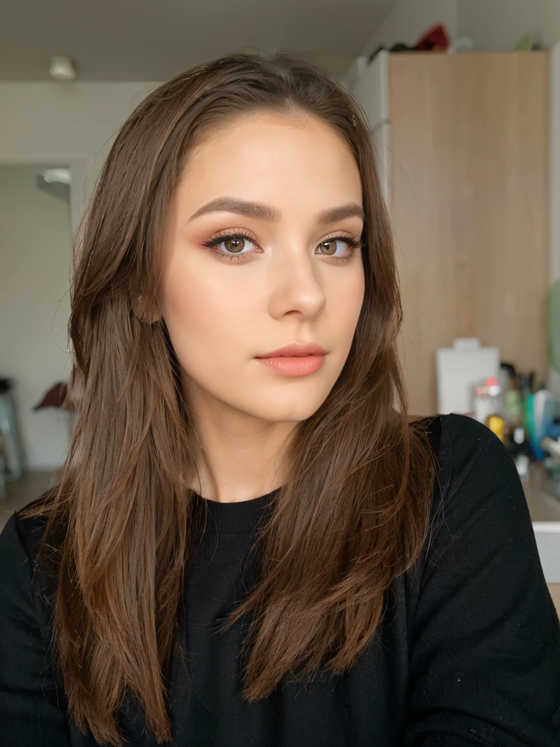 a handsome female,she is wearing a bright red dress and beautiful makeup