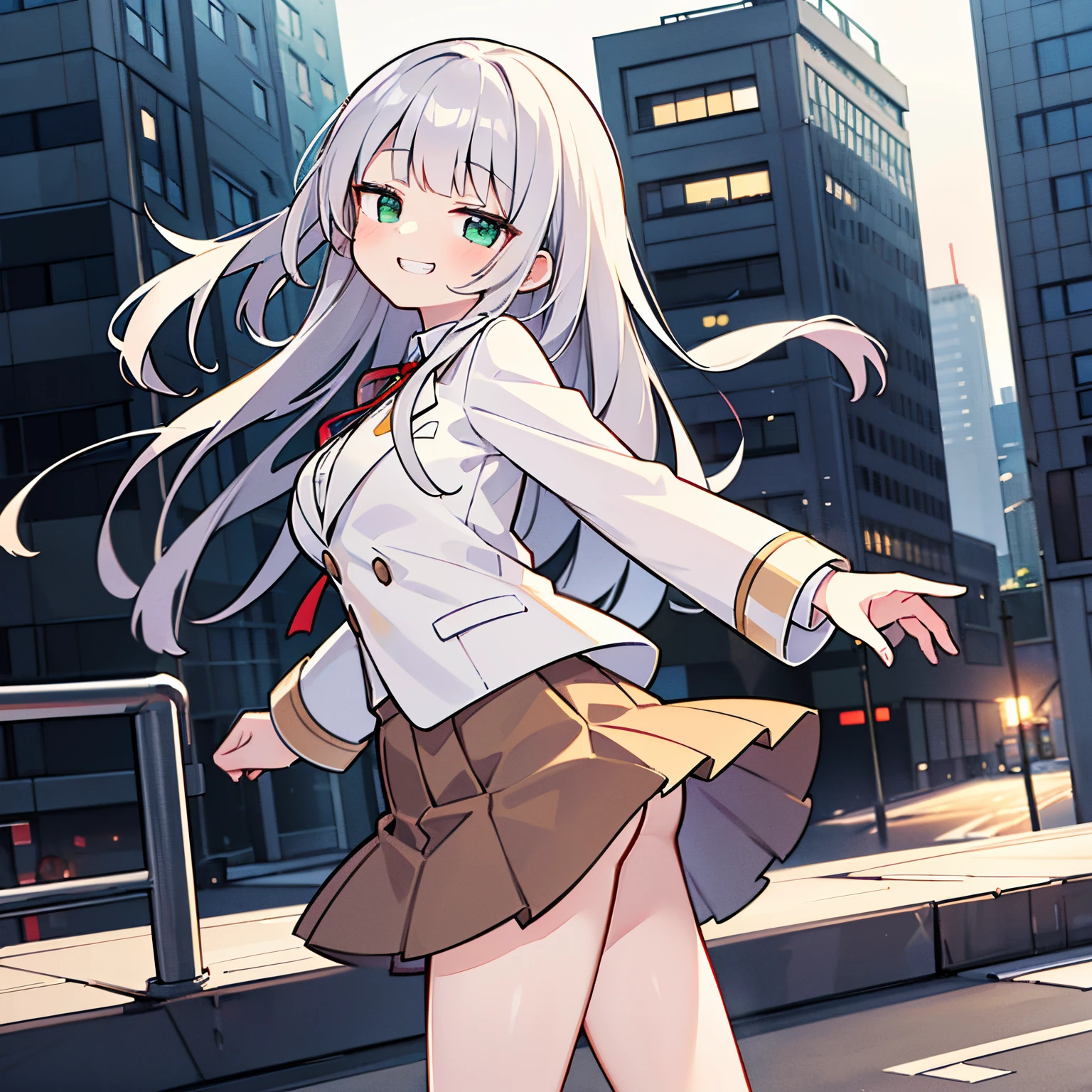 ((Masterpiece)), (Professional Photography:1.2), (High Definition:1.3), best quality, 8K, (from side), Textured skin, cinematic lighting, (1girl), short stature, standing on ground, ((cute young girl)), (very blunt bangs, slightly loose curls hair, breasts length hair, high details of pale silver hair), ((grin smile)), brilliant green eyes, (drooping eyes), (happy pose), slender waist, undress slovenly, (pale Ivory color blazer student's uniform), (white blouse), (brown skirt), school in cityscape, red string ribbon