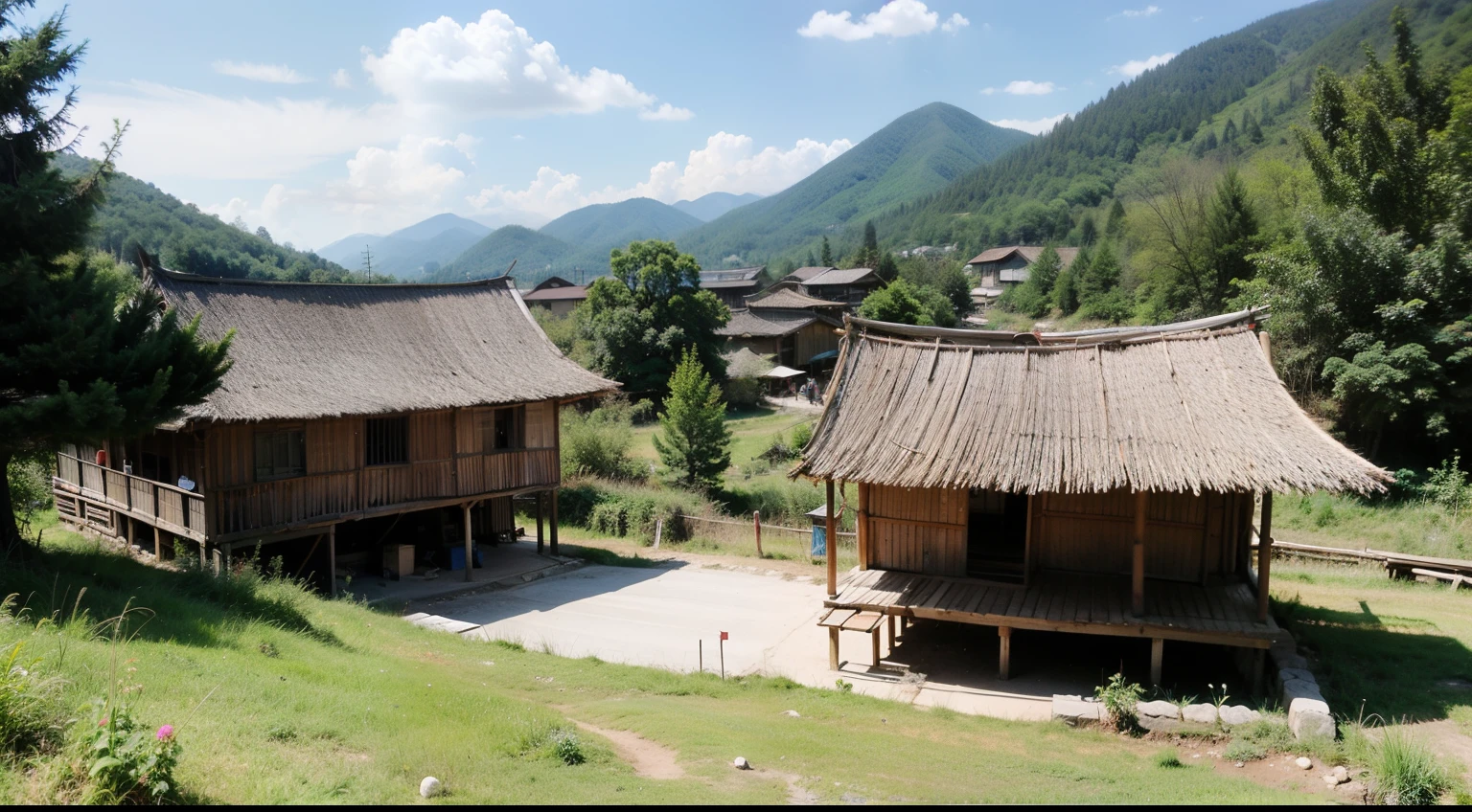 Miao village drawn in cartoon style