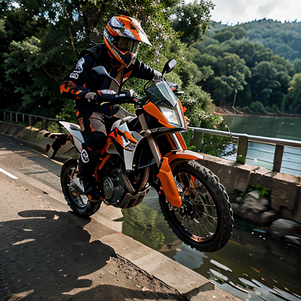 ktm 390 jumping over a bridge