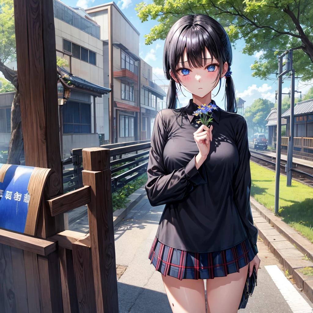 Black blue hair、blue eyess、one good looking girl、独奏、animesque、lightly dressed、Plaid miniskirt、flower petals、wetting hair、Black T-shirt、large tree、云、railroad crossing、poneyTail、shrines