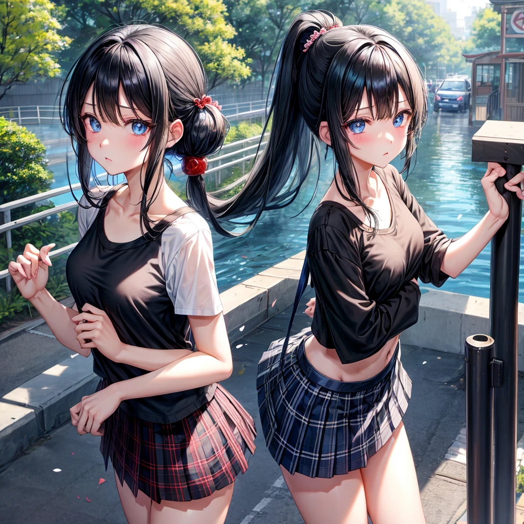 1young_teen_girls、loli、brown_hair、short_ponytail, long_bangs、blue_midriff_baring_sailor_uniform、mini_skirt、short_sleeve、thighthighs、big_tits, sleepy, Sorrisos、open_mouth、dynamic_pose, childlike_posing ,harbor,dock_background、spread_legs、happiness、NSFW、short_gloves, (wet:1.4),transparent,covered_nipples, covered_crotch, under_tits, sweat, bare_thighs, large_ass, covered_anal, back_view,