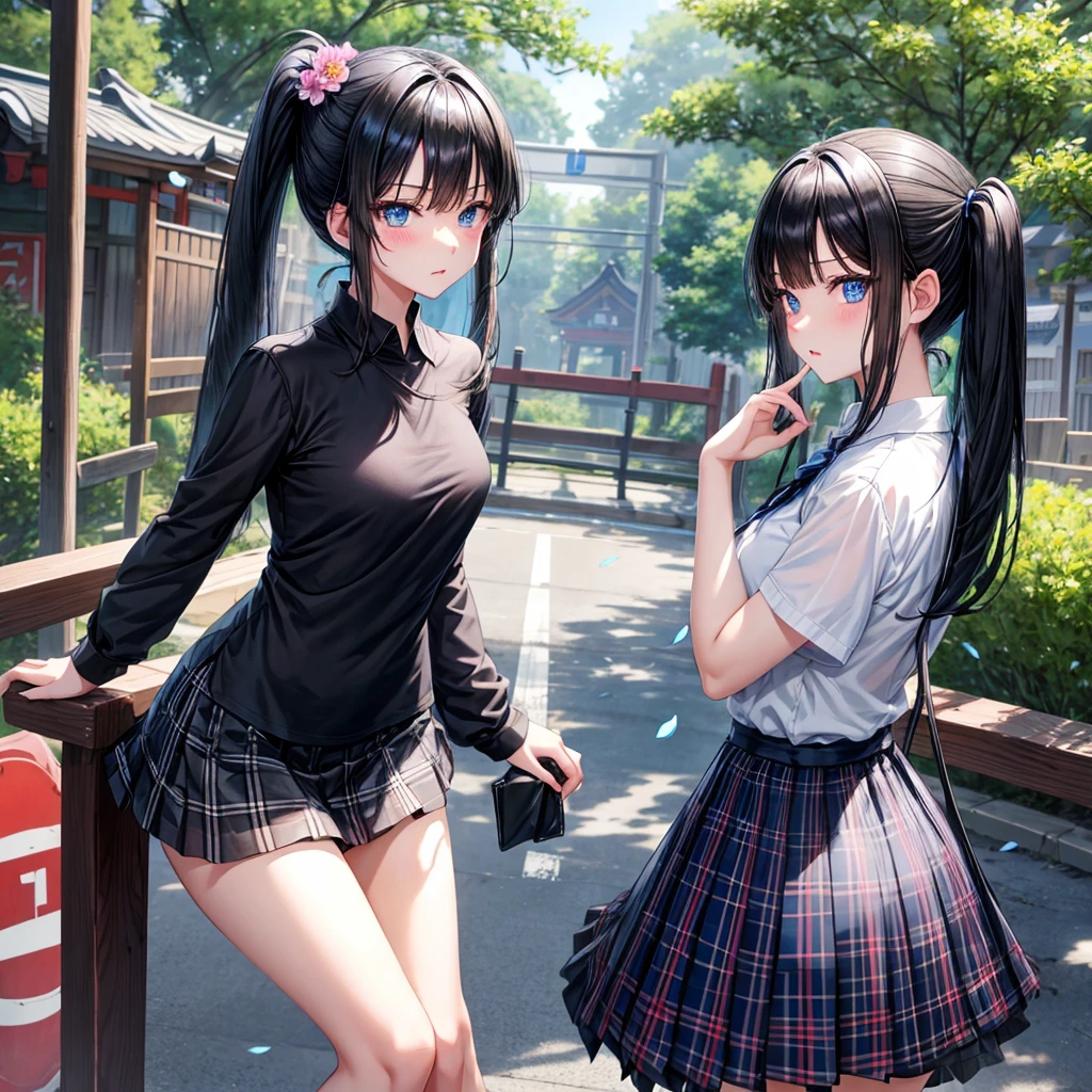 Black blue hair、blue eyess、one good looking girl、独奏、animesque、lightly dressed、Plaid miniskirt、flower petals、wetting hair、Black T-shirt、large tree、云、railroad crossing、poneyTail、shrines