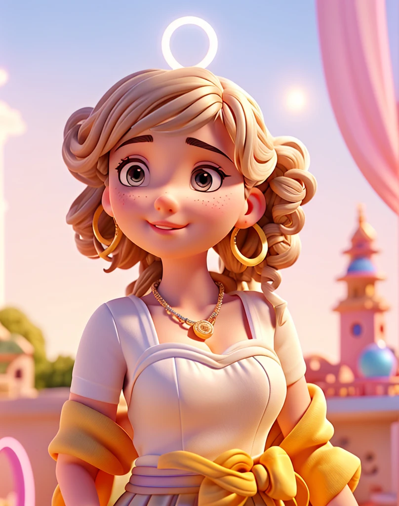 pixar-style,Young and beautiful woman,Age of 25,Coiled hair,Micro-curly bangs,Gentle intellectual,Fair and shiny skin,White halter top,Tiny earrings,jewelry necklace,Bracelet,detail-rich,8k ultra high definition,ultra-clear,Lips slightly open,colorful halo,Halo rendering,background flowers fantasy