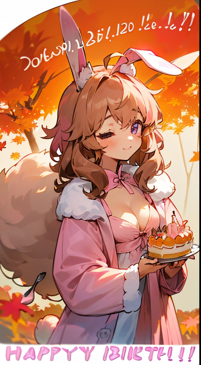 Cute, (1 girl:1.1), Solo, (light brown hair:1.3), Medium Hair, Wavy Hair, Purple eyes, A big smile, Ahoge, (Rabbit ears:1.4), (Rabbit tail:1.3), Princess Cut, (Fluffy muffler:1.8), (light pink cook coat:1.6), (Autumn clothes:1.6), (Chibi:1.0), (Slouch:1.4), (cleavage:1.4), (Holds a small birthday cake with a fork in one hand。:1.5)