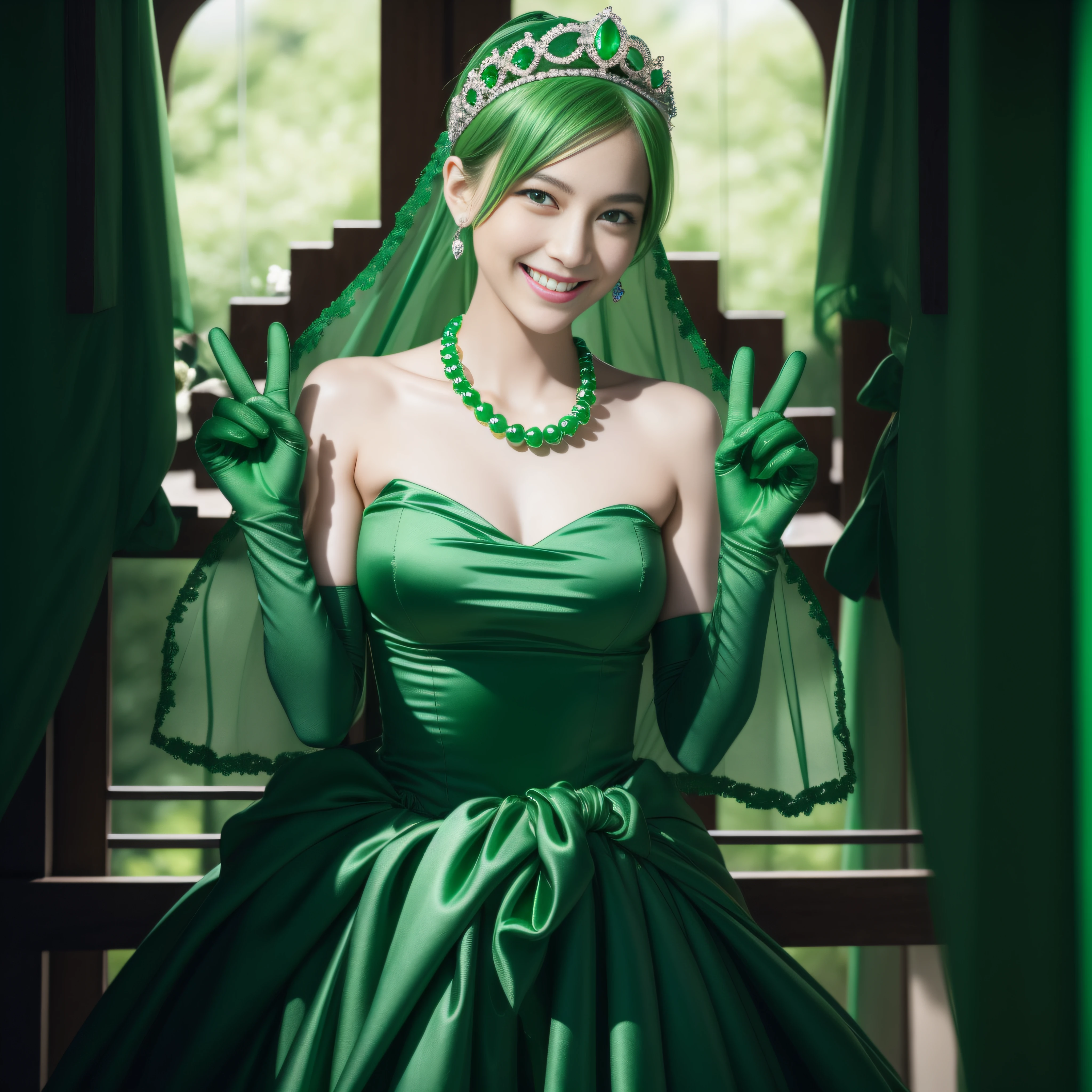 emerald tiara, Green Pearl Necklace, Boyish very short green hair, lipsticks, Japan woman smiling, very short short hair, big breasts beautiful, Green eyes, Long green gloves made of satin material, Green eyes, Emerald Earrings, green vale, v sign