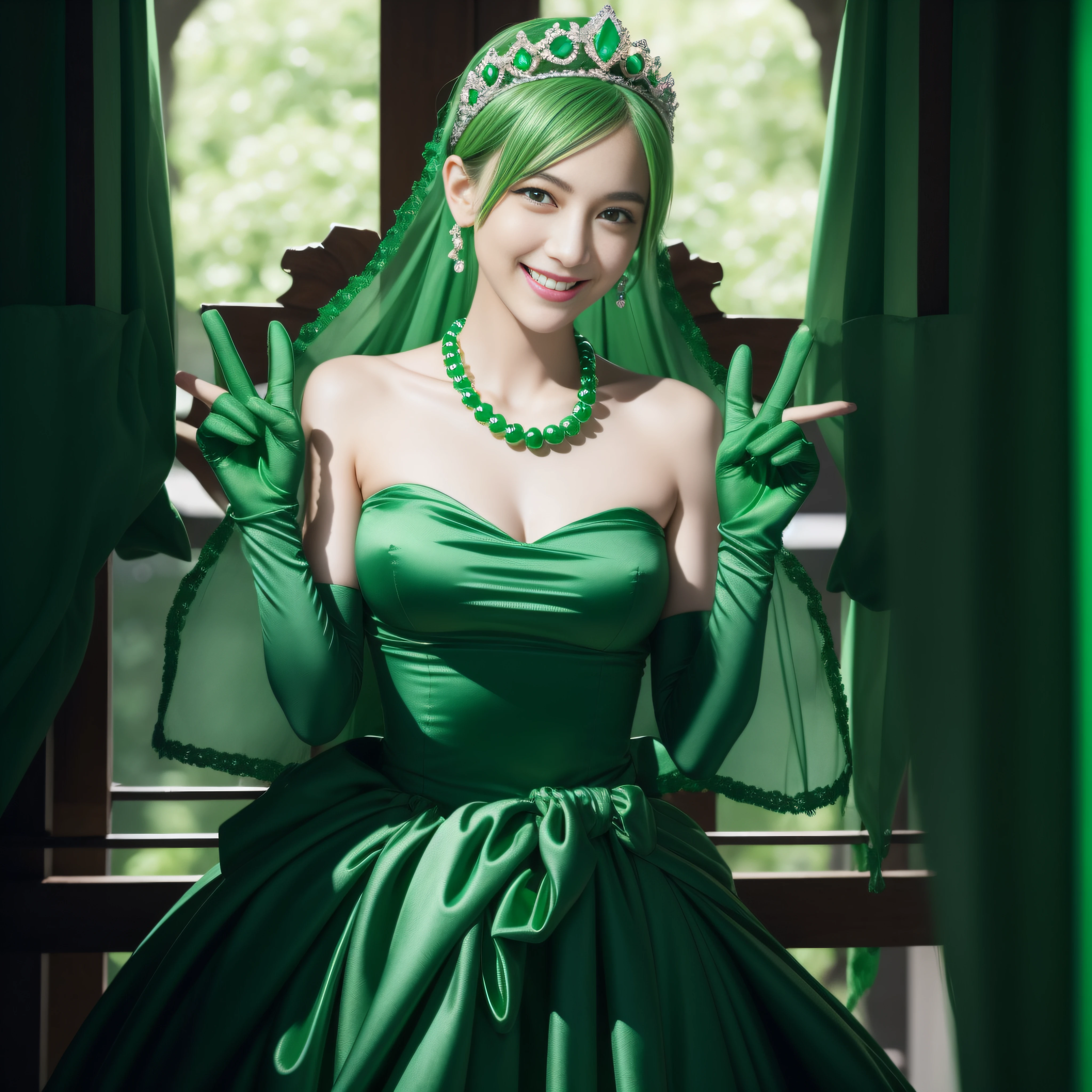 emerald tiara, Green Pearl Necklace, Boyish very short green hair, lipsticks, Japan woman smiling, very short short hair, big breasts beautiful, Green eyes, Long green gloves made of satin material, Green eyes, Emerald Earrings, green vale, v sign