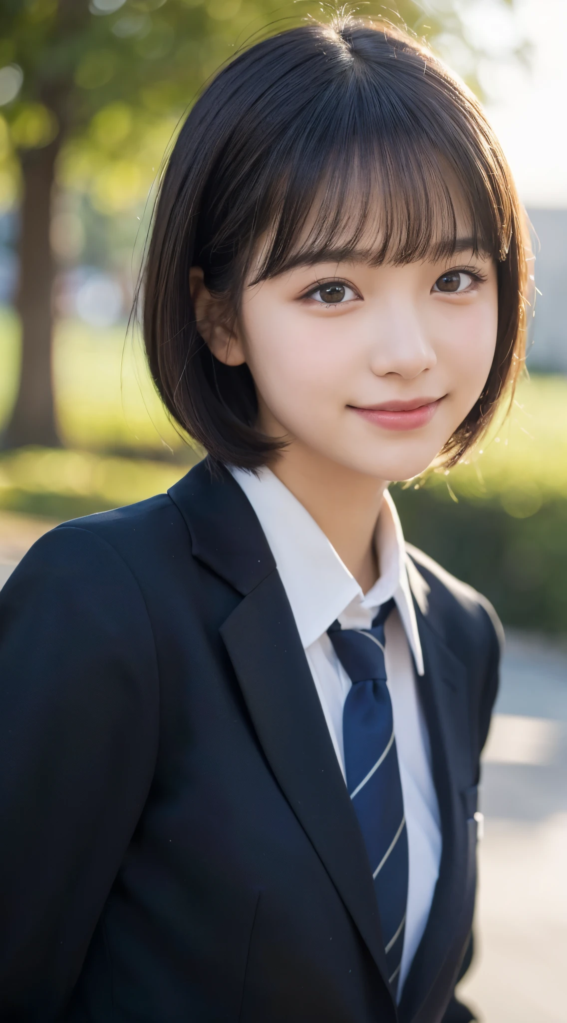 (top-quality,8K picture quality,​masterpiece:1.3),(超A high resolution,Photorealsitic:1.4,Raw photography),(ultra-detailliert,Caustics,Detailed background),(Ultra-realistic capture,Beautifully detailed skin,perfect anatomia),at the sunset,Sunset sky,school buildings,school ground,18year old,kawaii,Single eyelid,Black hair short bob,School Blazer Uniform,Looking at the camera,A smile,Bust-up shot,natural soft light