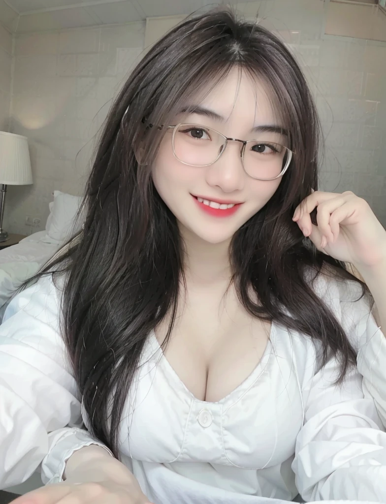 (realistic, high resolution:1.3), 2 girl with perfect figure, 2 glasses girl:1.4, grin smile, white skin:1.3, super fine face and eyes,detailed face, long hair, white lace bikini: 1.2 ,outdoor, (upper body focus), half body, upper_body ,perfect light, in bedroom, sit on the bed, big breasts, exposed cleavage,