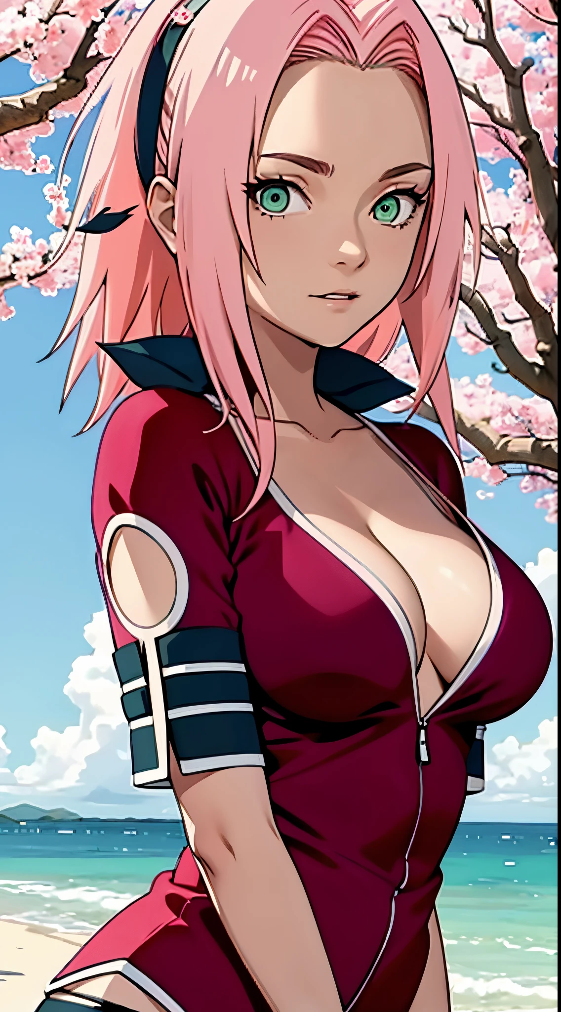 tmasterpiece， Best quality in the best， 1girll， Sakura Haruno，Erwachsene, big boobs，schulterfreie Kleidung，（Spaltung)，（upper body close-up)，Sexy erzogen，is shy，missmutig，mit rosa Haaren， lange rosa haare， （green eyes:1.4)， Stirnschutz， The cherry trees，Flying cherry blossoms,Bikini-Outfit, clenched breasts,Breasts fall out,man kann ihre nippel sehen,nippel gucken raus,,sex