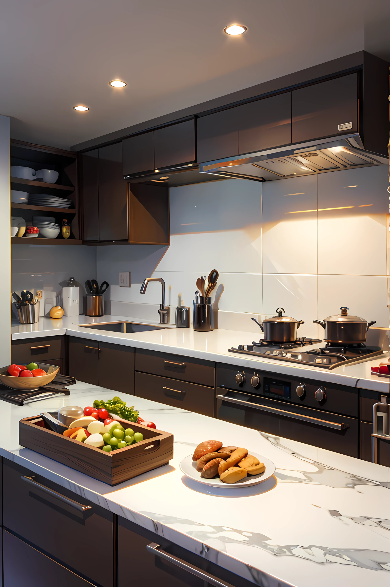 realistic, aesthetic kitchen with variety of food horizontal