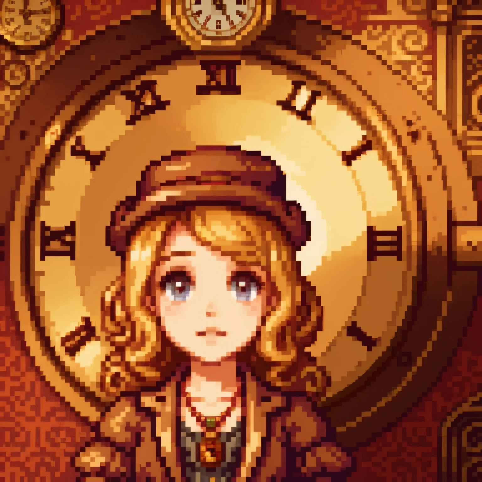 close-up, straight hair blonde short curly child girl the little red hat, clock on necklace, (Victorian era), ((steampunk)), cinematography, worked, elegant, meticulous, magnificent, maximum detail, extremely hyper-aesthetic, intricately detailed, lots of gears, old town background