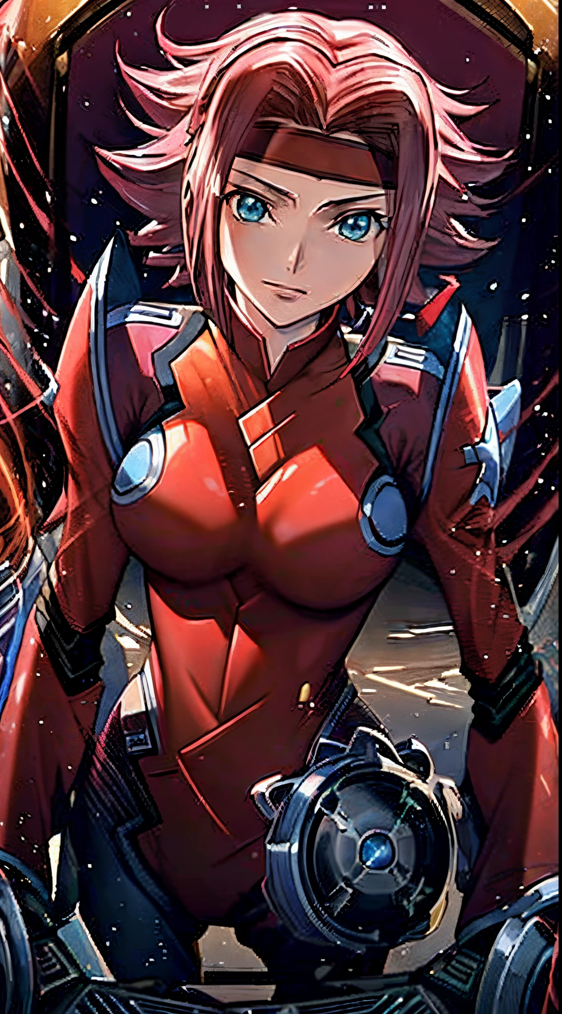 (best quality, masterpiece:1.3),kallencodegeass,(pilotsuitr2:1.3), extremely detailed,1girl,(colorful),(finely detailed beautiful eyes and detailed face),blue eyes,red hair,cinematic lighting,extremely detailed CG unity 8k wallpaper,solo,smile,cockpit,(cowboy shot:1.3),(red headband:1.3)