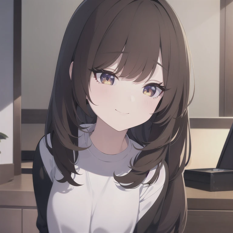 in 8K, top-quality, masterpiece, ultra-detailliert, Ultra-high resolution, 1 girl in, with round face,dark brown hair, Dark brown eyes, Sparkle in the eyes, Hair luster, Tear bag, long eyelashes, drooing eyes, makeup, eyeshadows, poneyTail, white t-shirts, A smile, Upper body photo