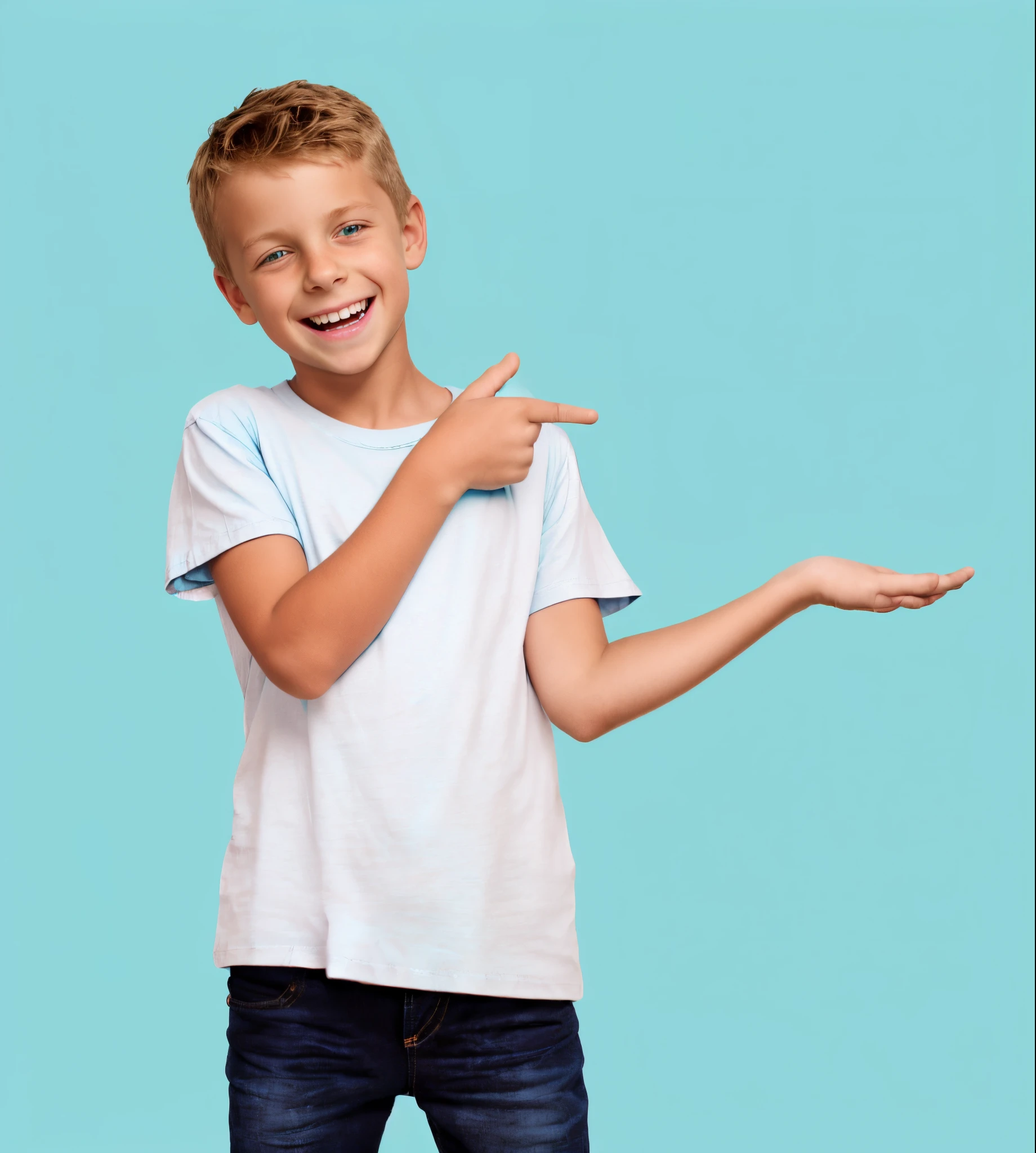 A boy with(Light blue T-shirt:1.55)and jeans pants, 7 year olovely boy, , with fingers, happy laugh,blond child, In front of light blue background