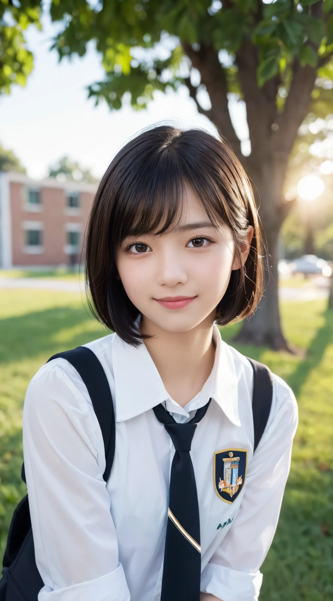 (top-quality,8K picture quality,masterpiece:1.3),(超A high resolution,Photorealsitic:1.4,Raw photography),(ultra-detailliert,Caustics,Detailed background),(Ultra-realistic capture,Beautifully detailed skin,perfect anatomia),at the sunset,Sunset sky,school buildings,school ground,18year old,kawaii,Single eyelid,Black hair short bob,School Blazer Uniform,Looking at the camera,A smile,Bust-up shot,natural soft light