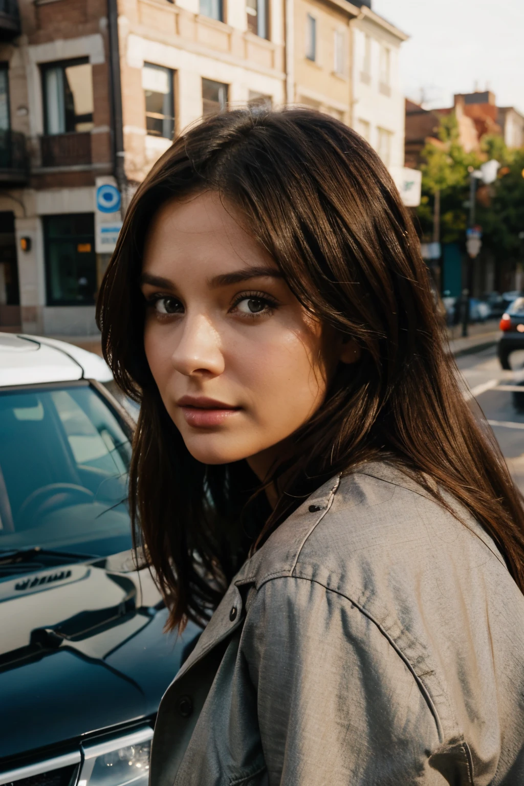 brunette 29 year old woman behind the car looking at camera realistic looks