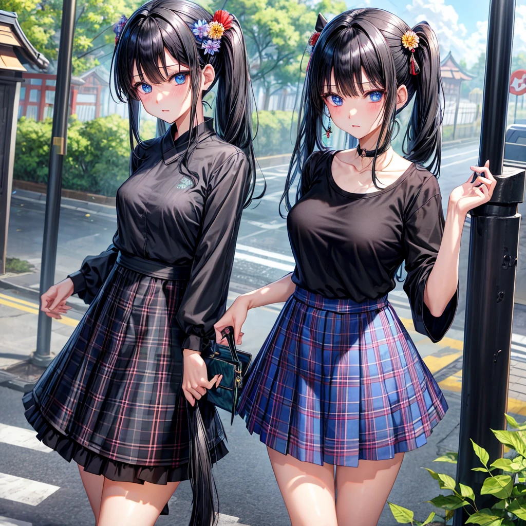 Black blue hair、blue eyess、one good looking girl、独奏、animesque、lightly dressed、Plaid miniskirt、flower petals、wetting hair、Black T-shirt、large tree、云、railroad crossing、poneyTail、shrines、!!!!????、wakame