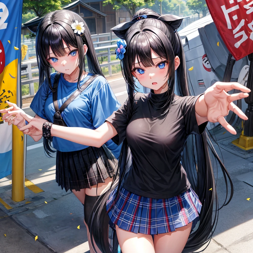 Black blue hair、blue eyess、one good looking girl、独奏、animesque、lightly dressed、Plaid miniskirt、flower petals、wetting hair、Black T-shirt、large tree、云、railroad crossing、poneyTail、shrines、!!!!????、wakame