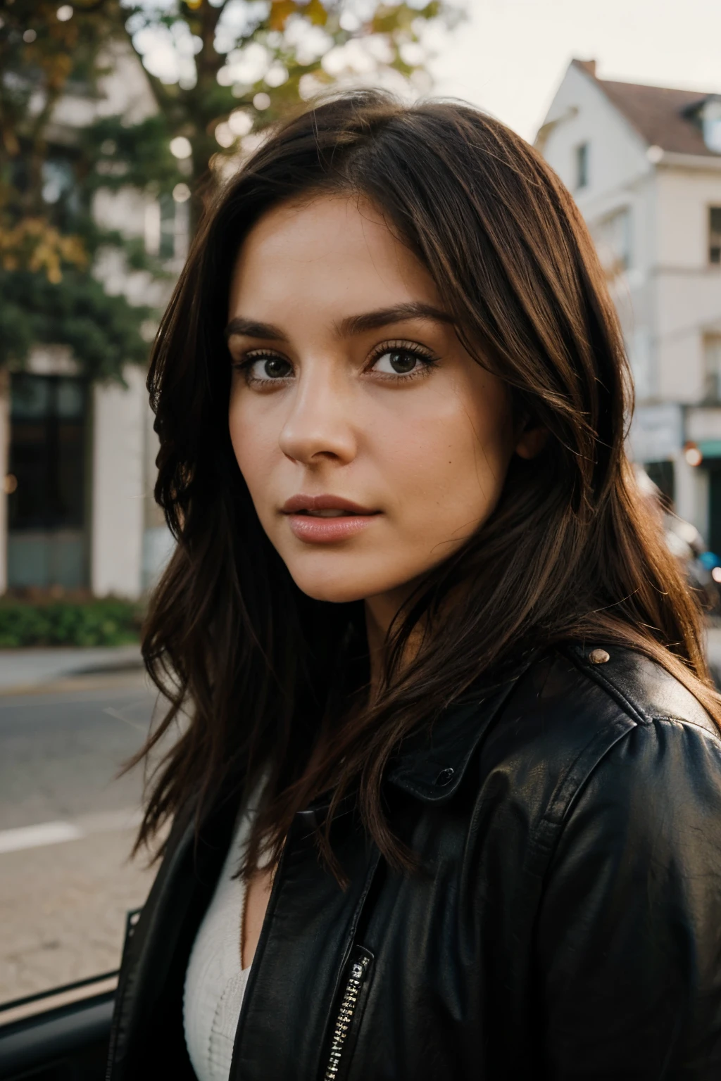 brunette 29 year old woman behind the car looking at camera realistic looks