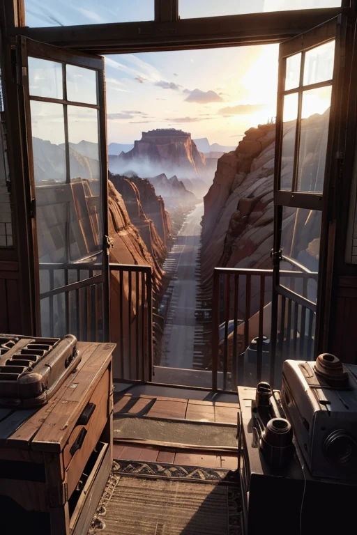 (8K),(masutepiece),Absurd, tall, Ultra-detailed, (1girl in:1.3),, BREAK, low-key lighting, dreary atmosphere, darker shadows, subtle highlights, Mysterious aura, BREAK, panoramic photo, Wide-angle perspective, breathtaking landscape, Stunning views, Vast Scene, Visual depth, breathtaking perspectives, (Post-apocalyptic wasteland), (Red Rock Canyon), View from the wooden hut, ((Warehouse window view)), In the foreground box of ammunition and tank shells