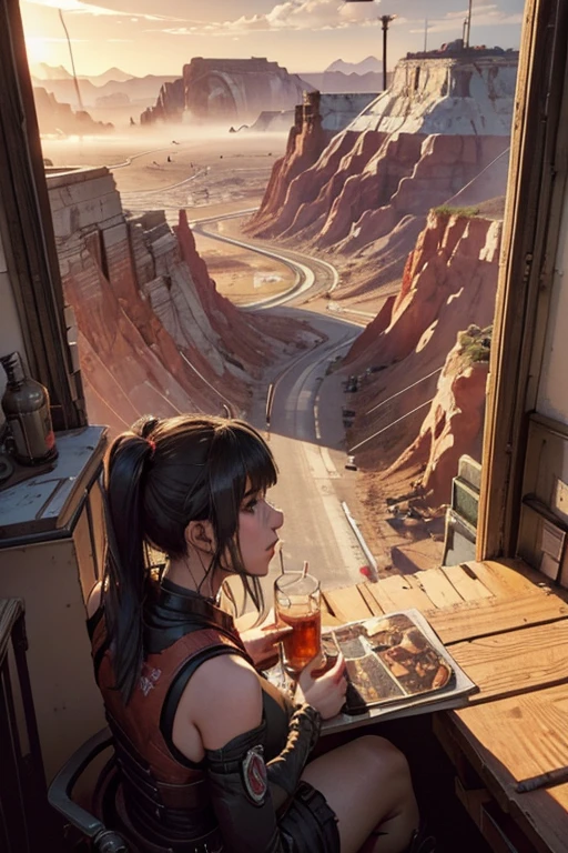 (8K),(masutepiece),Absurd, tall, Ultra-detailed, (1girl in:1.3),, BREAK, low-key lighting, dreary atmosphere, darker shadows, subtle highlights, Mysterious aura, BREAK, panoramic photo, Wide-angle perspective, breathtaking landscape, Stunning views, Vast Scene, Visual depth, breathtaking perspectives, (Post-apocalyptic wasteland), (Red Rock Canyon), View from the wooden hut, ((Warehouse window view)), In the foreground box of ammunition and tank shells
