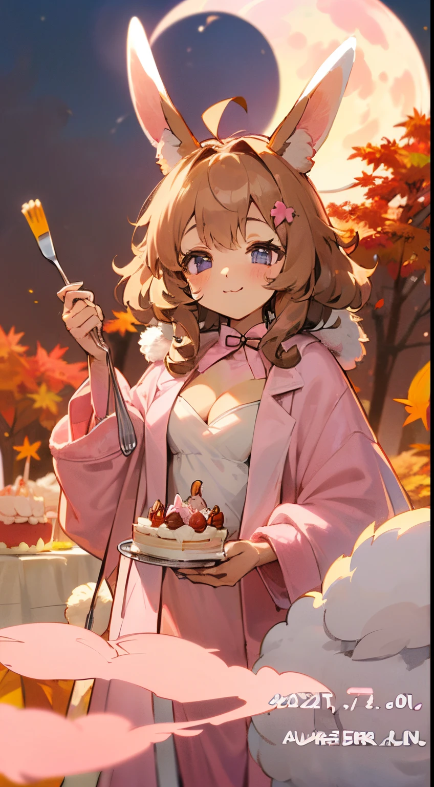 Cute, (1 girl:1.1), Solo, (light brown hair:1.3), Medium Hair, Wavy Hair, Purple eyes, A big smile, Ahoge, (Rabbit ears:1.4), (Rabbit tail:1.3), Princess Cut, (Fluffy muffler:1.8), (light pink cook coat:1.6), (Autumn clothes:1.6), (Chibi:1.0), (Slouch:1.4), (cleavage:1.4), (Holds a small birthday cake with a fork in one hand。:1.5), (fullmoon:1.6)