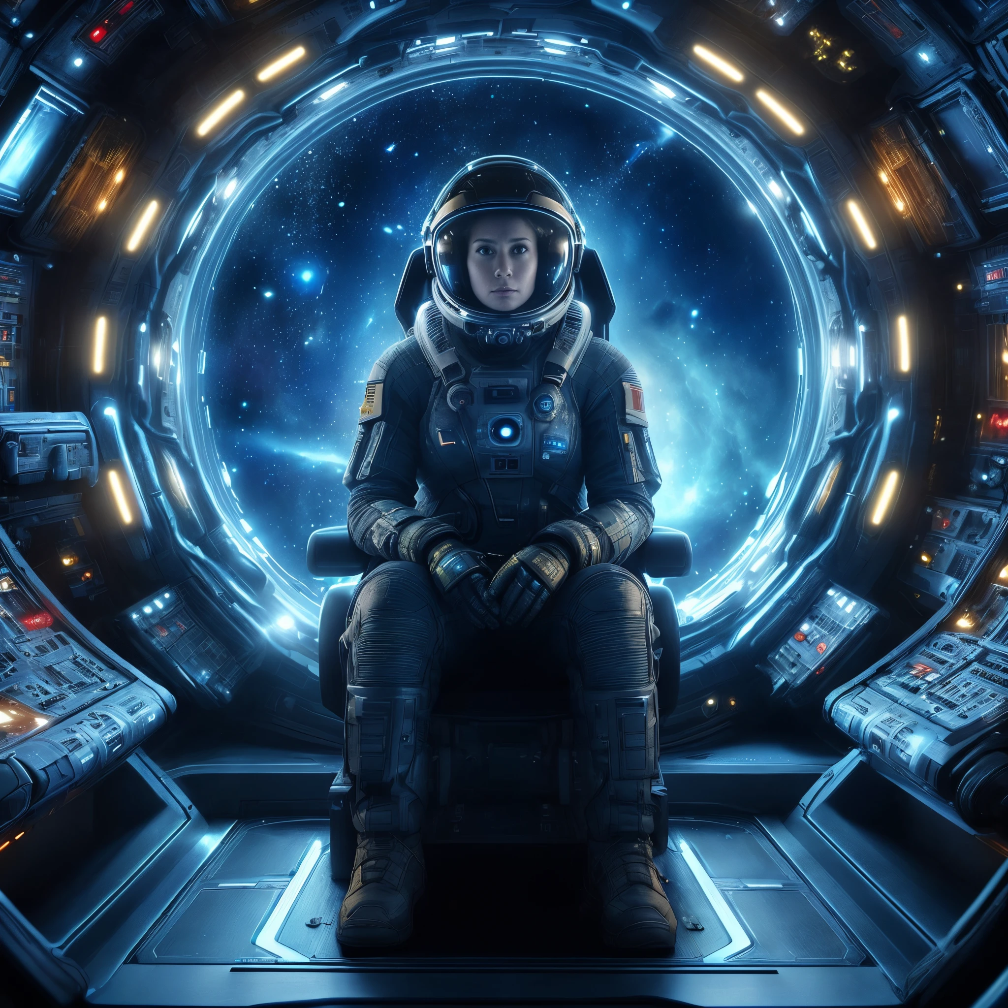 a close up of a person sitting in a space station, powerful woman sitting in space, sitting sad in spaceship, in a scifi movie, an epic scifi movie still, from a 2 0 1 9 sci fi 8 k movie, still from a ridley scott movie, sci-fi cinematic movie still, stunning vfx, epic scifi movie still, highly detailed vfx portrait of