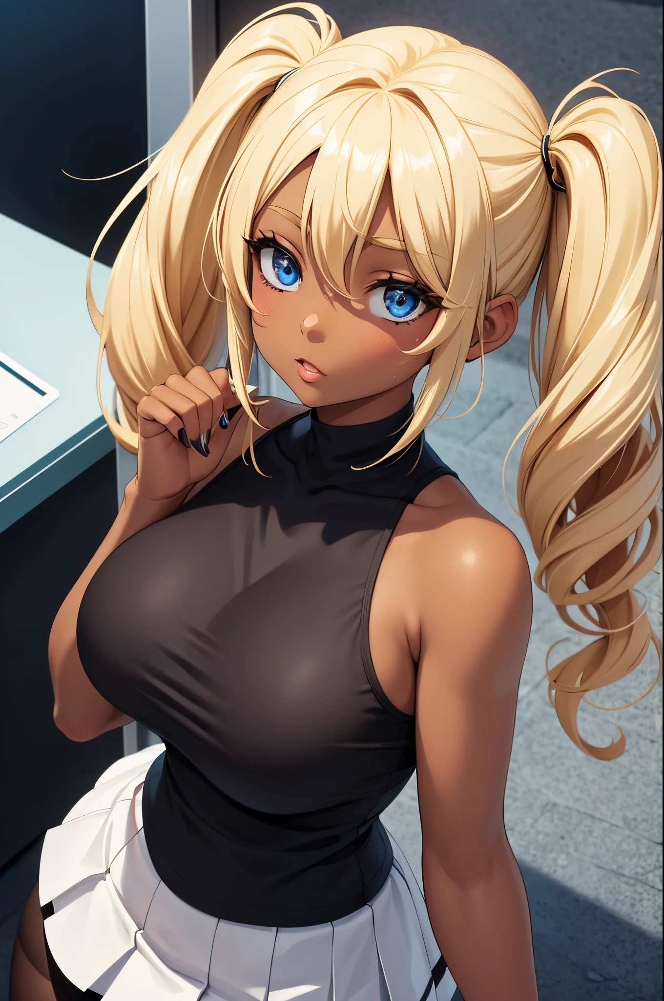 Female gyaru, twintails Blonde hair, Blue eyes, dark brown skin, large breasts, wearing a black sleeveless top, white skirt and tights