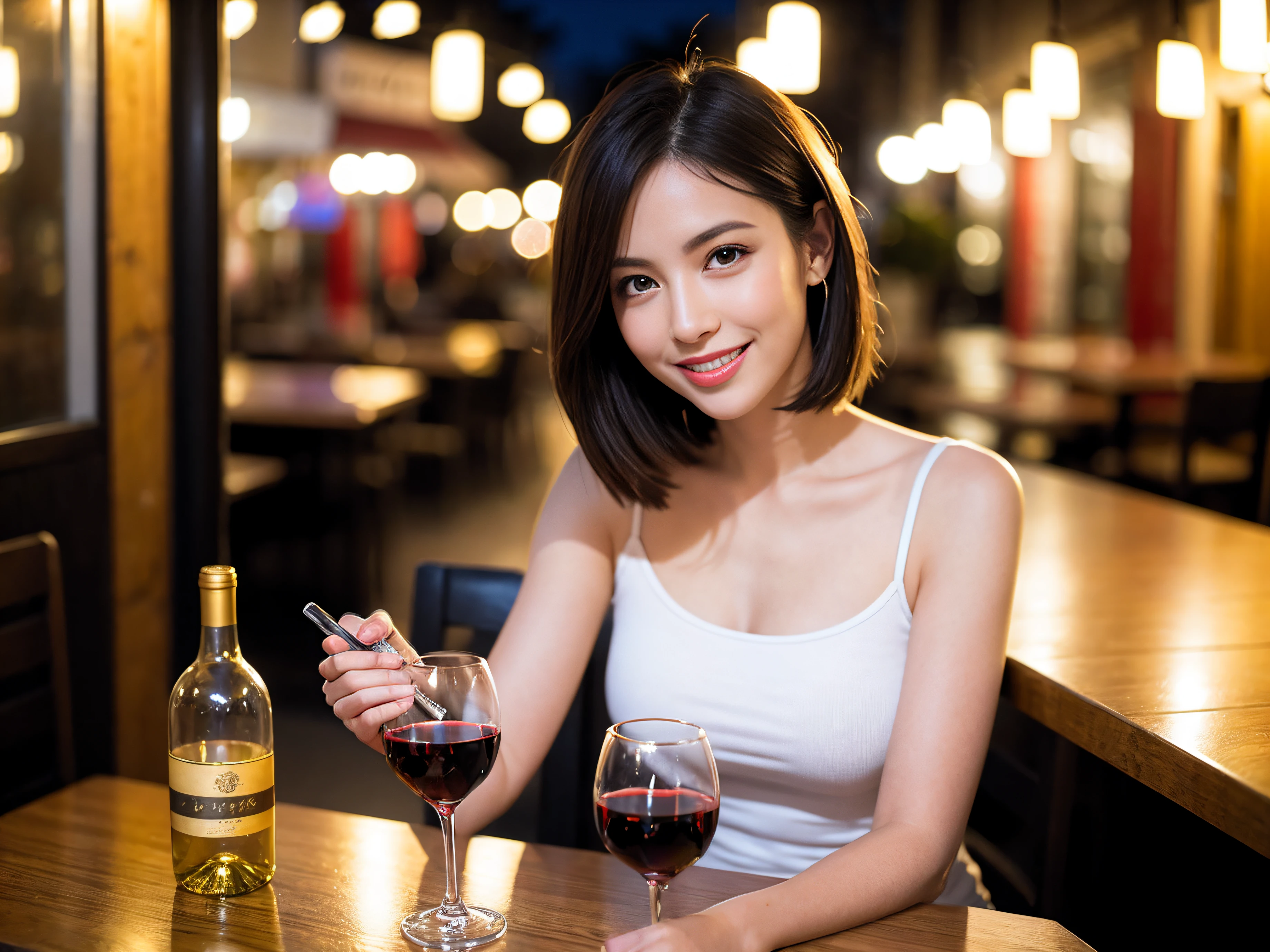 (64K, UHD, top quality, masterpiece: 1.2), (realistic, photorealistic: 1.37), super detailed, pretty woman 1 person, (slim face), (slim body), (brown hair), (short cut), cheeks slightly blushing, (42 years old), 38 years old, solo, beautiful detailed urban night view outside the window, restaurant, wine glasses sit, night, in a prominent place (from the waist up) NovaFrogStyle, Actress, Model, Waist Up, White Wine, Slim, Wine Glass, Super Clean Night View, Wine Glass Put in the Middle, Happy Smile, (Smile: 1.15), Beautiful Fine Eyes, Upper Body, Bust Japan Up, Night, Short, Short, Actress, Model, Waist Up, White Wine, Slim, Wine Glass, Super Clean Night View, Wine Glass Put in the Middle, Happy Smile,