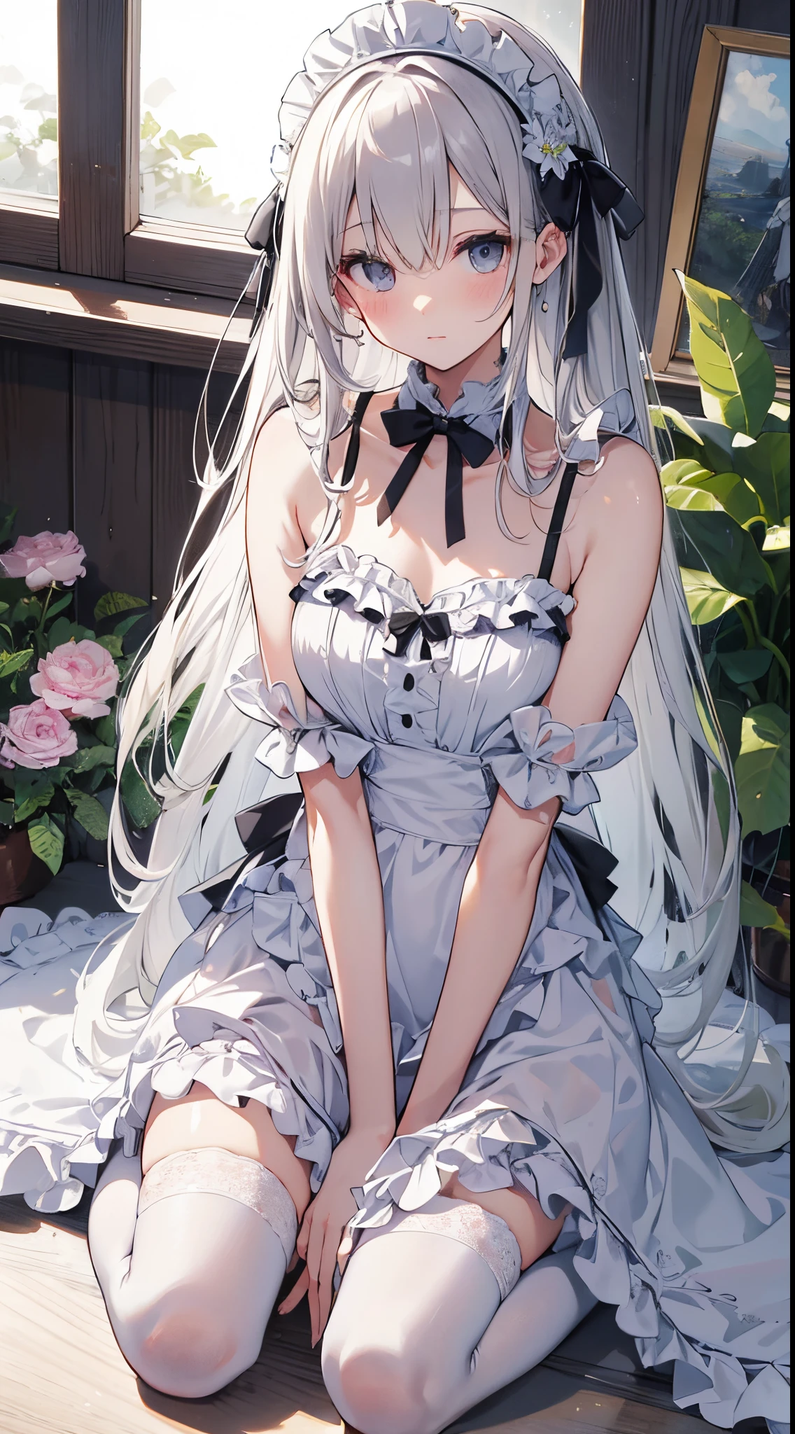 high-level image quality、top-quality、Detailed drawing、Does not blush cheeks、Slender adult beauty、maid clothes、White swimwear、Small eyes、knee high、Stockings、Medium chest、straight haired