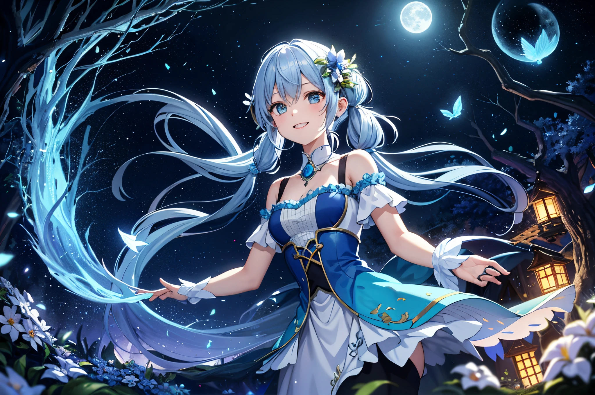 Dynamic Angle、 within a magical forest, a mystical fairy girl emerges, Light blue long hair、Hairstyle is Twintails、adorable smiling、Moonlight twinkle, flower bloom、There is a pure white owl、The tree々While flapping its wings in the sparkling fireflies, the air resonates with the ethereal symphony of nature's whispers, Creating a field where dreams and reality intersect,Fantasy worldview