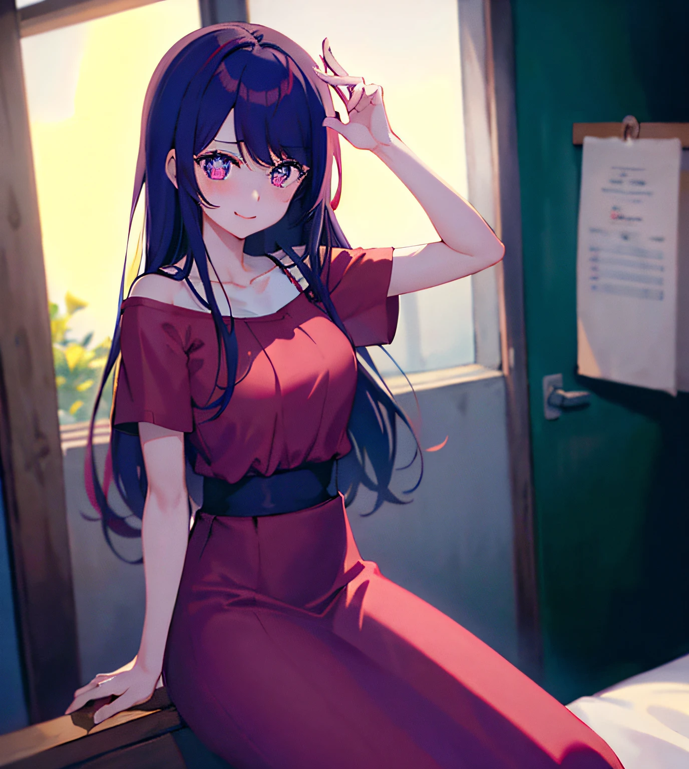 masutepiece, Best Quality, Ultra-detailed, Illustration, Warm lighting, Bright colors, 1girl in, Solo, long_hair, Bangs, swept_Bangs, star-shaped pupils_Eyes, Violet_hair,

Red_Dress, Arms up, arm pits, Shaded face,red outfit,

long hair woman in red and black dress,
Ai Hoshino A woman wearing a red dress and long skirt,