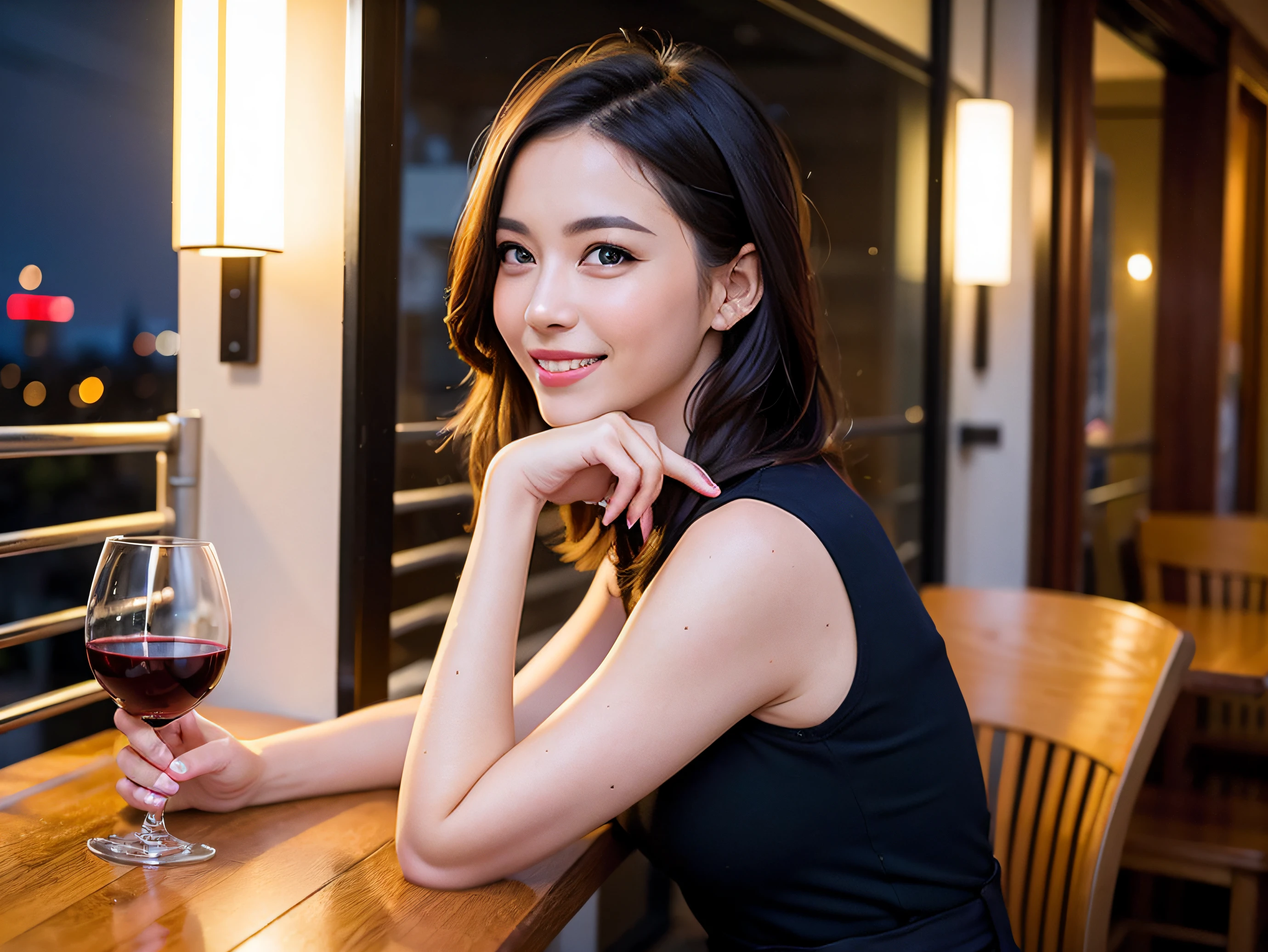 (64K, UHD, top quality, masterpiece: 1.2), (realistic, photorealistic: 1.37), super detailed, pretty woman 1, (slim face), (slim body), (brown hair), (short cut), cheeks slightly blushing, (40 years old), 38 years old, solo, beautiful detailed urban night view outside the window, restaurant, wine glass sitting, at night, in a prominent place (from the waist up) NovaFrogStyle, Actress, Model, Waist Up, White Wine, Slim, Wine Glass, Super Clean Night View, Wine Glass Put in the Middle, Happy Smile, (Smile: 1.15), Beautiful Fine Eyes, Upper Body, Bust Japan Up, Night, Short, Short, Actress, Model, Waist Up, White Wine, Slim, Wine Glass, Super Clean Night View, Wine Glass Put in the Middle, Happy Smile,